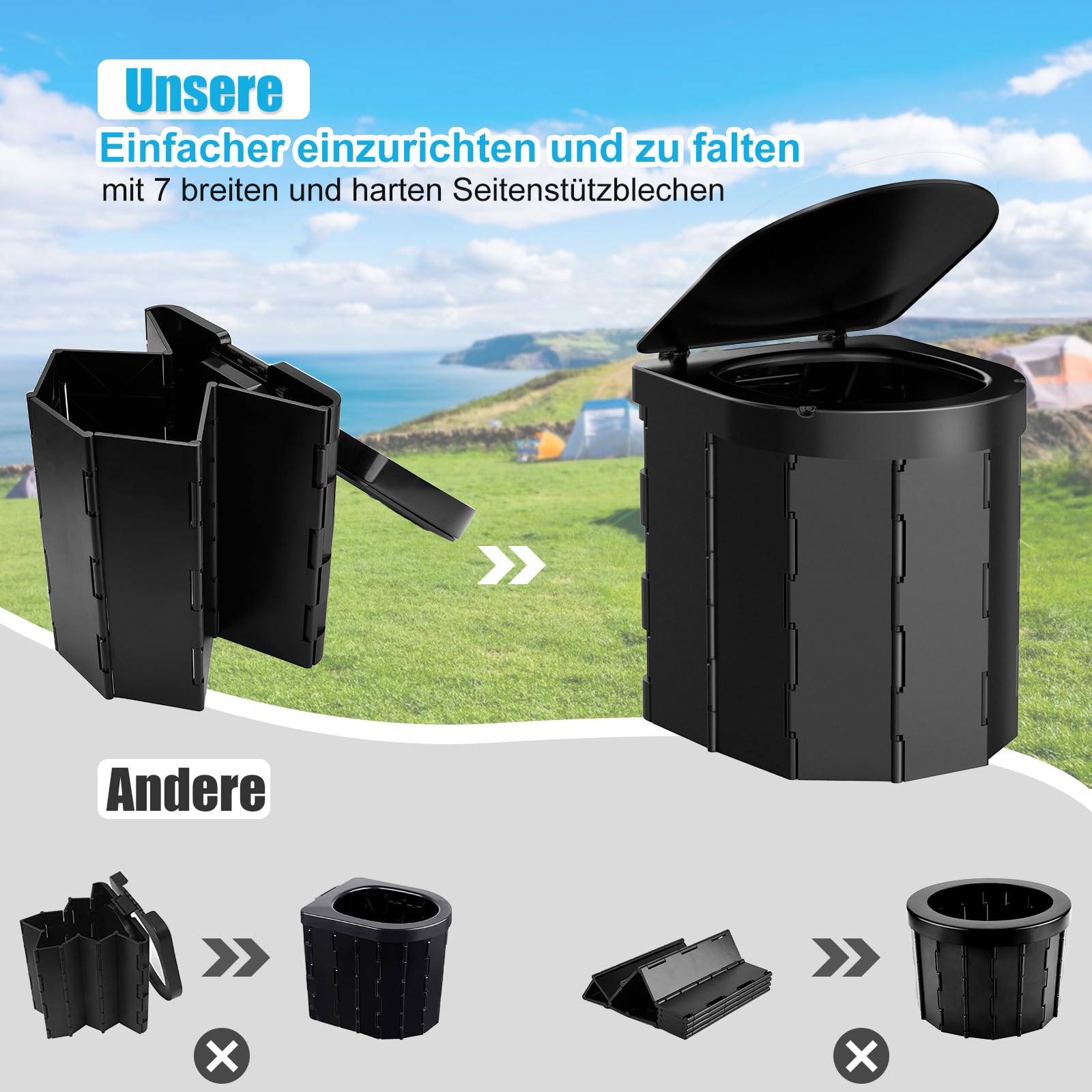 WADEO Tragbare Campingtoilette mit Deckel, Faltbare Toilette mit Belastbarkeit bis zu 200kg, Mobiltoilette Falttoilette mit Toilettenbeutel und Papierhalter, ideal für Camping Wandern Reisen Angeln