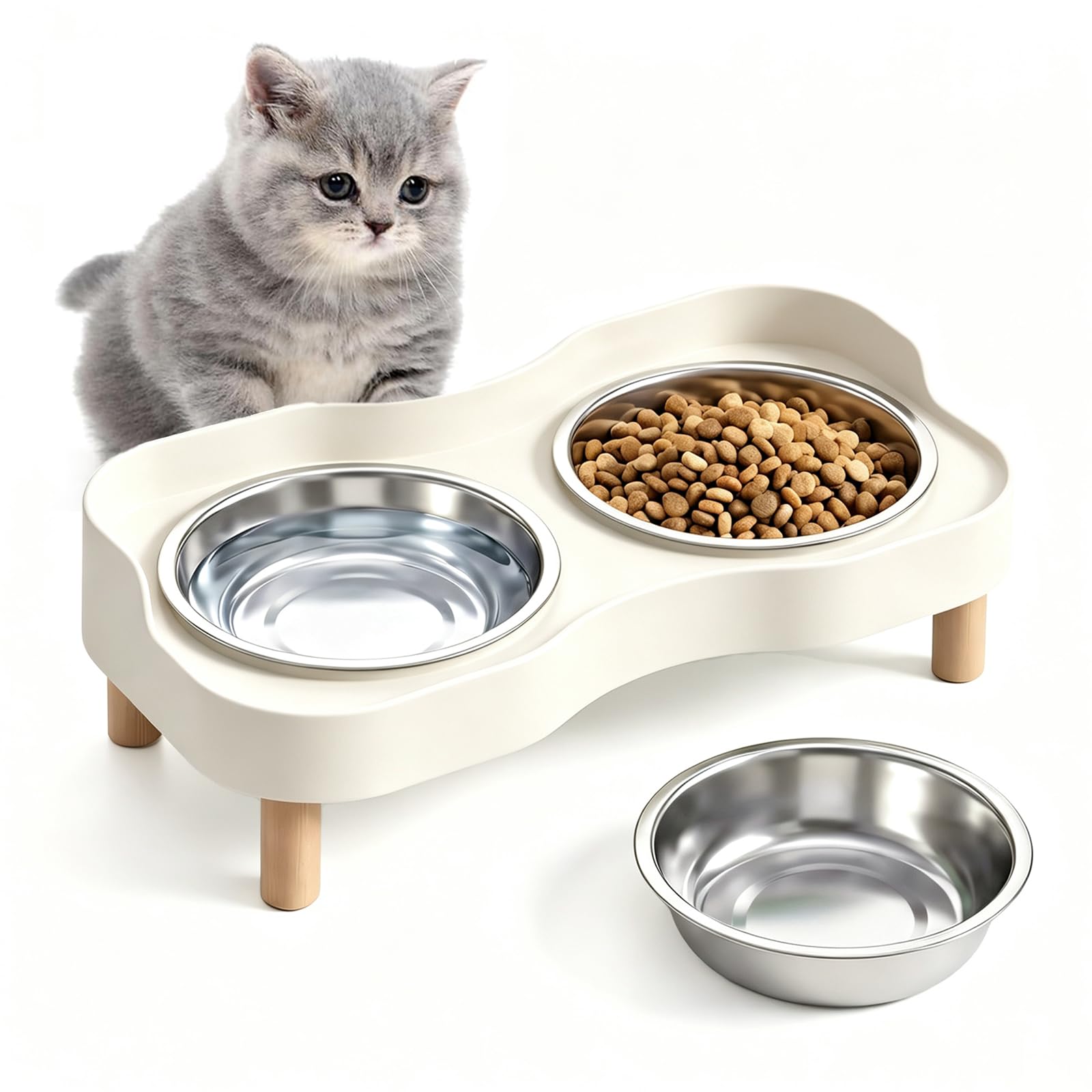 Xinjiayi Raised Cat Bowl Splash Proof with 3 Stainless Steel Pet food Bowls Elevated Cat Food and Water Bowl Set for Indoor Cats White