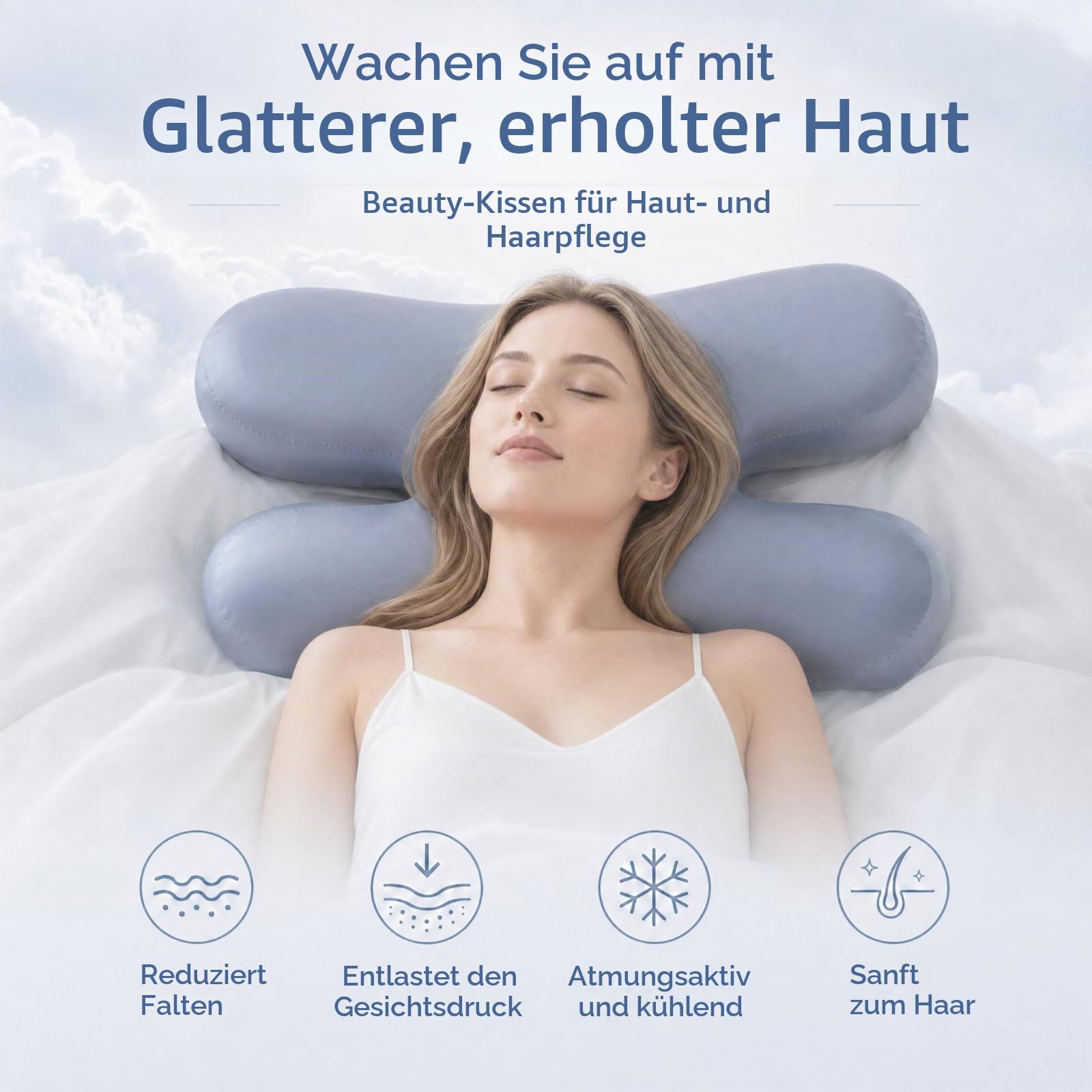 Schönheitskissen Anti-Falten Kissen aus Eisseide, Memory Foam Nackenstützkissen gegen Gesichtsfalten, Hautfreundlich & Kühlend, Ergonomisches Beauty Pillow für Seitenschläfer 55x40x10 cm Blau