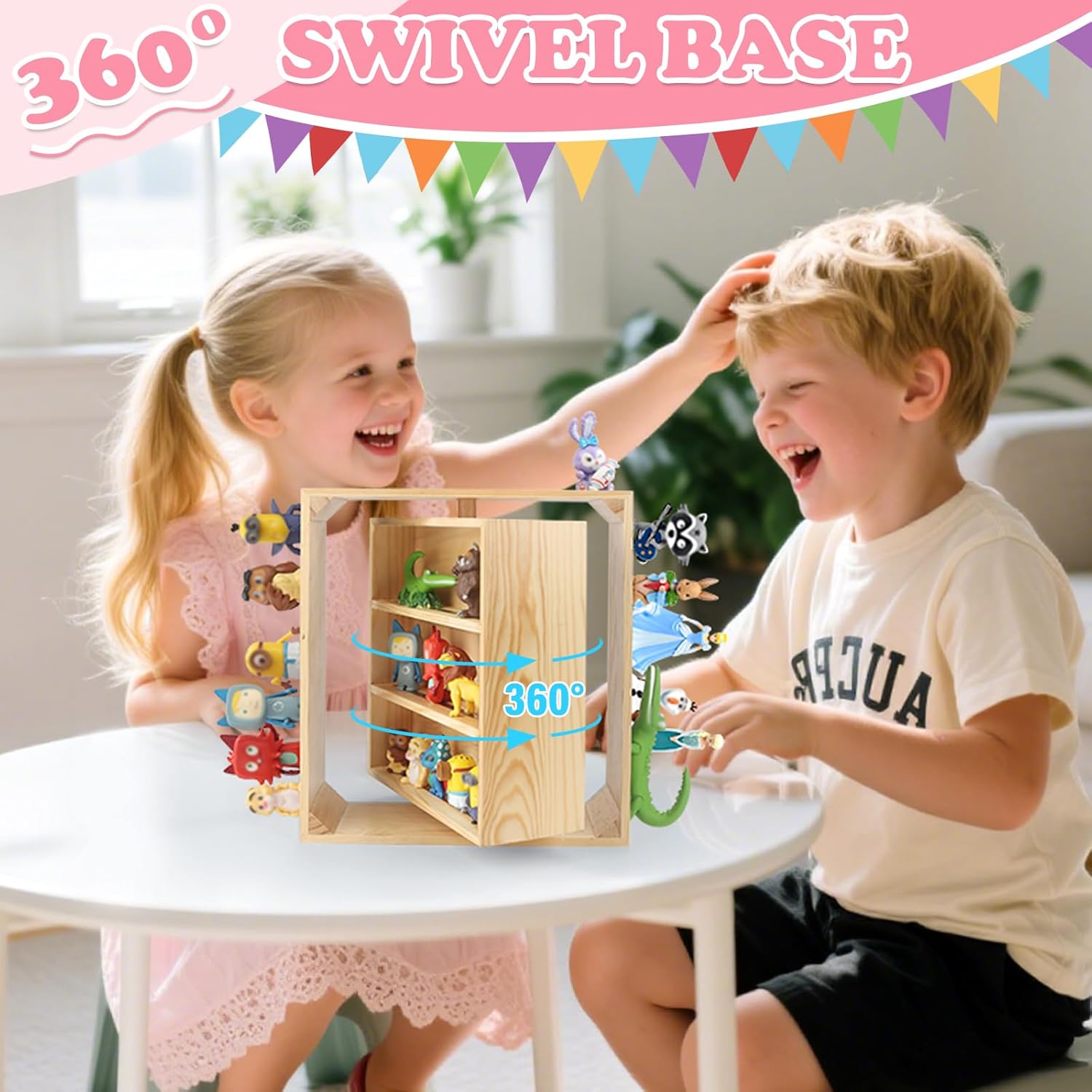 360° Rotating Double-Sided for Tonies Figures Storage Shelf, Holds for 40–50 Toniesbox Characters, Wooden Organizer Shelf for Tonie Box Multiple Iron Plates Magnetic Side