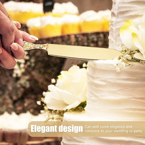Miniatura 6 de Juego de 2 piezas para cortar tartas, juego de corte de pasteles para bodas, juego de cuchillos y servidores personalizados para tartas doradas,