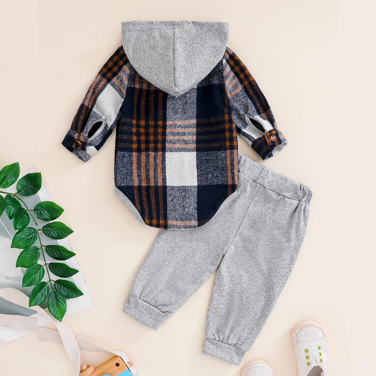 Vêtement Nouveau-né Garçon Color Block Manches Longues Body à Carreaux et Capuche +Pantalon Long Déchiré 2 Pièces Printemps Automne Ensemble