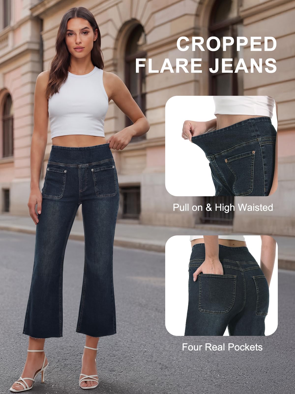 Jeans Donna, Vintage Pantaloni Donna Palazzo Vita Alta Jeans a Zampa Elastico Curvy Straight Ankle con Tasche Estivi