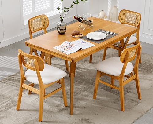 Vista 55 de EALSON Juego de 2 sillas de comedor de ratán, tapizadas de cuero, sillas de cocina de madera modernas de mediados de siglo, sillas laterales sin