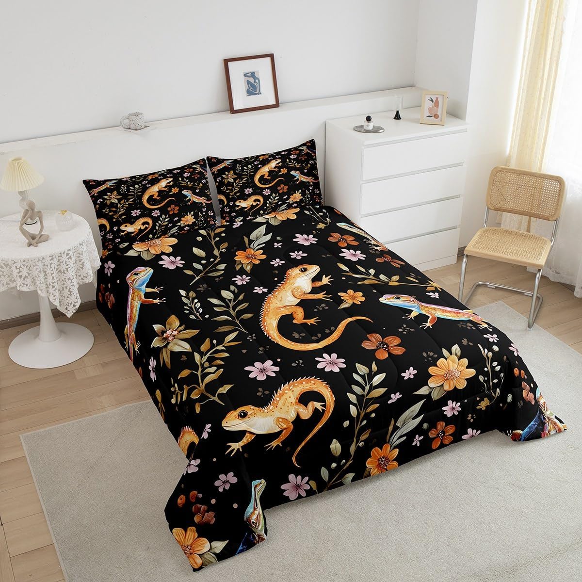 jejeloiu Bearded Dragon Comforter Set Kids Lizard Bedding Set Queen Size Nature Wild Animal Comforter for Boys Girls Bearded Dragon Lover Room Decor Wildlife Bed Set with 1 Comforter, 2 Pillow Case