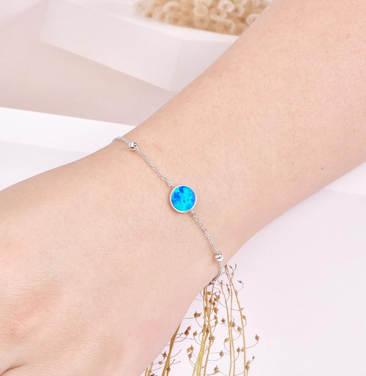 TANGPOET Dainty Opal Bracelet for Women 925 Sterling Silver Charm Bracelet Lab Created Opal Jewelry Gift for Mom Daughter Birthday, 7"+2" Length Chain