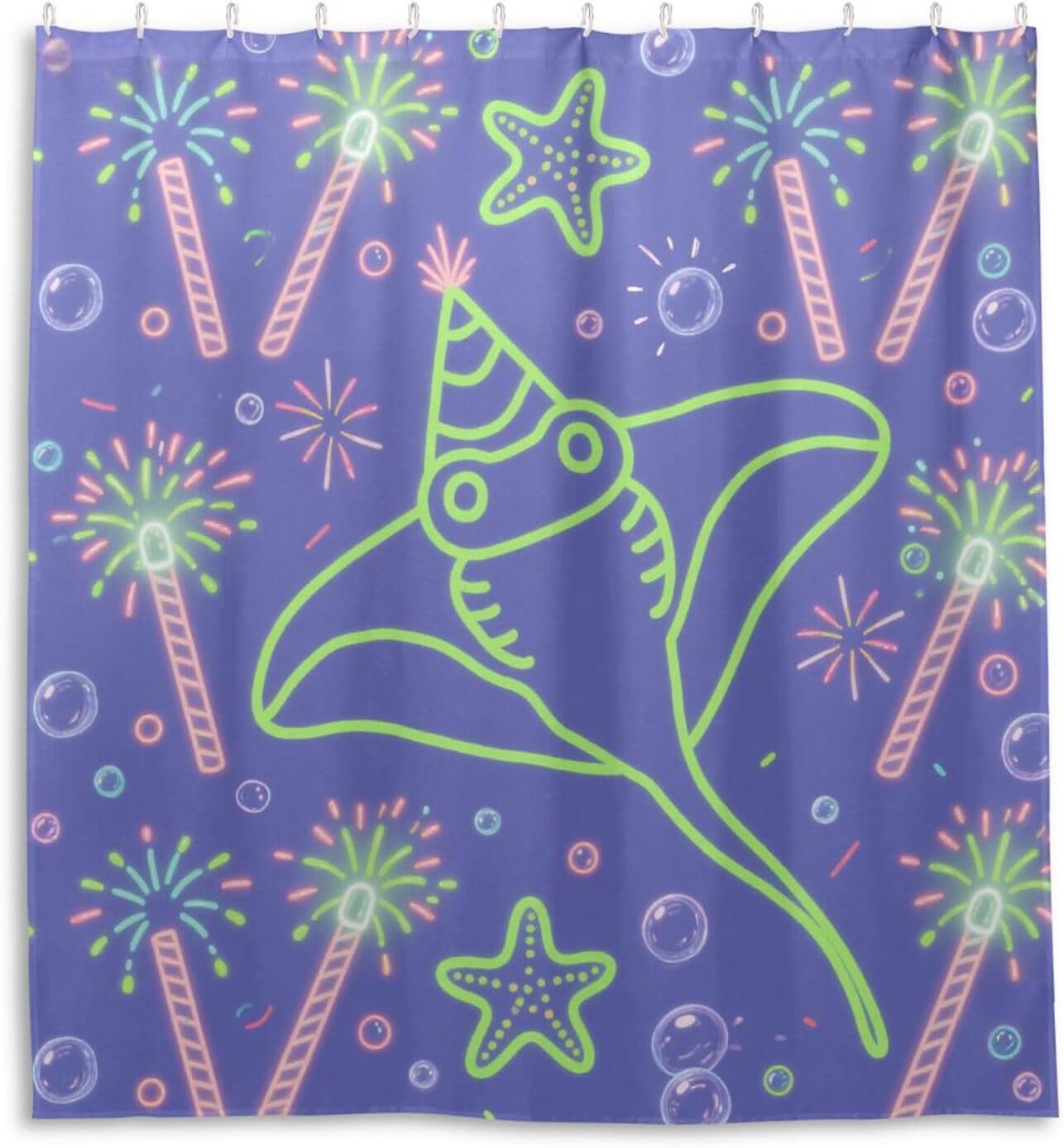 66x72 Inch Shower Water Proof Bathroom Shower Curtain with Hook Childish Animal Manta Ray Firework Purple Polyester Cloth Washable Luxury Curtain Liner for Bathroom