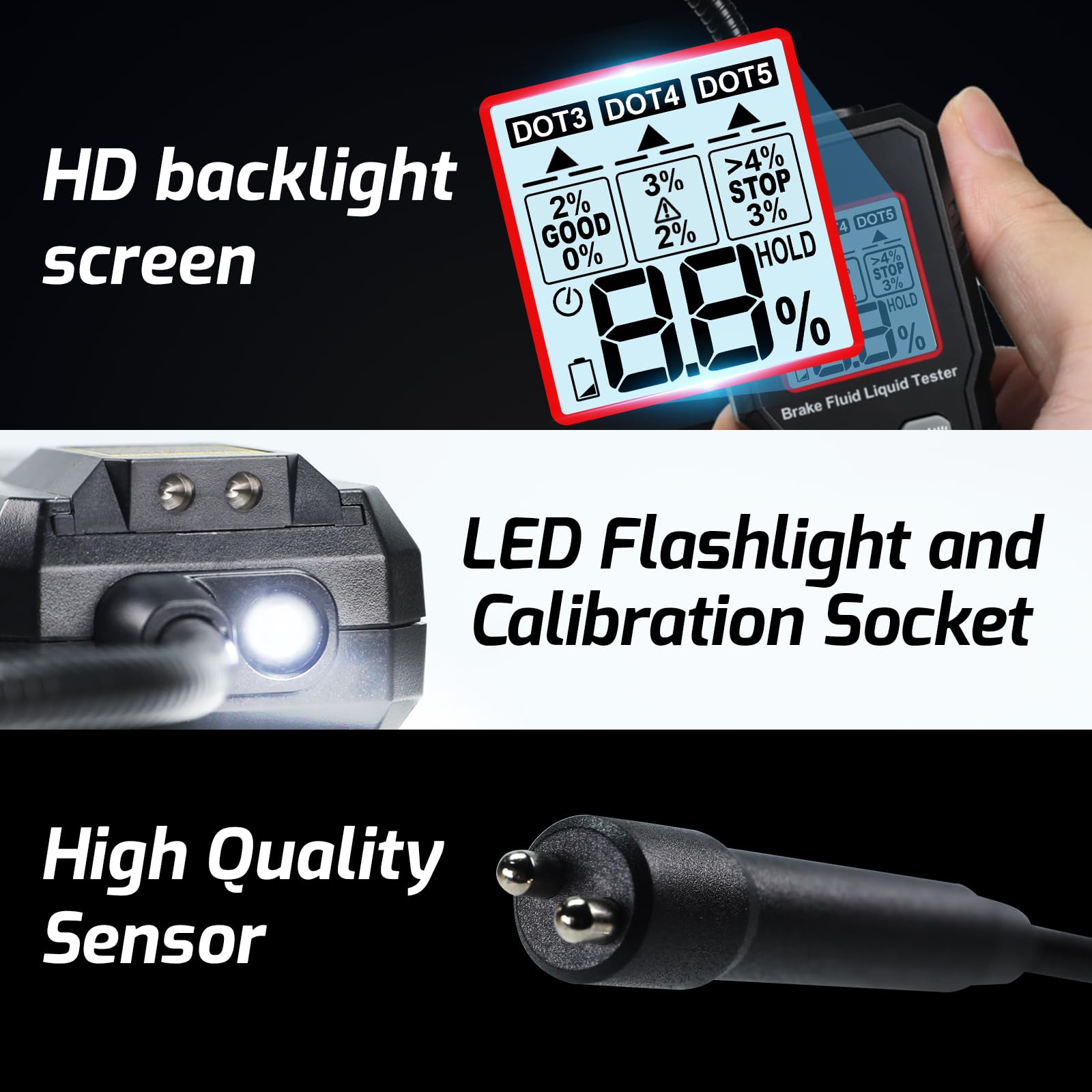 Testeur d'Humidité du Liquide de Frein DOT3/DOT4/DOT5.1 Détecteur d'Huile de Frein 0-4% avec Lampe de Poche LED, Indicateur de Couleur et Alarme Sonore Outil de Diagnostic pour Voitures et Motos