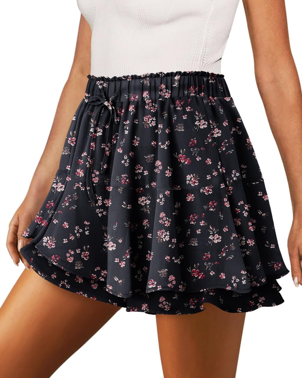 onlypuff Flowy Shorts for Women Chiffon Ruffle Skorts Mini Skirts for Teen Girls Large A Black Flower