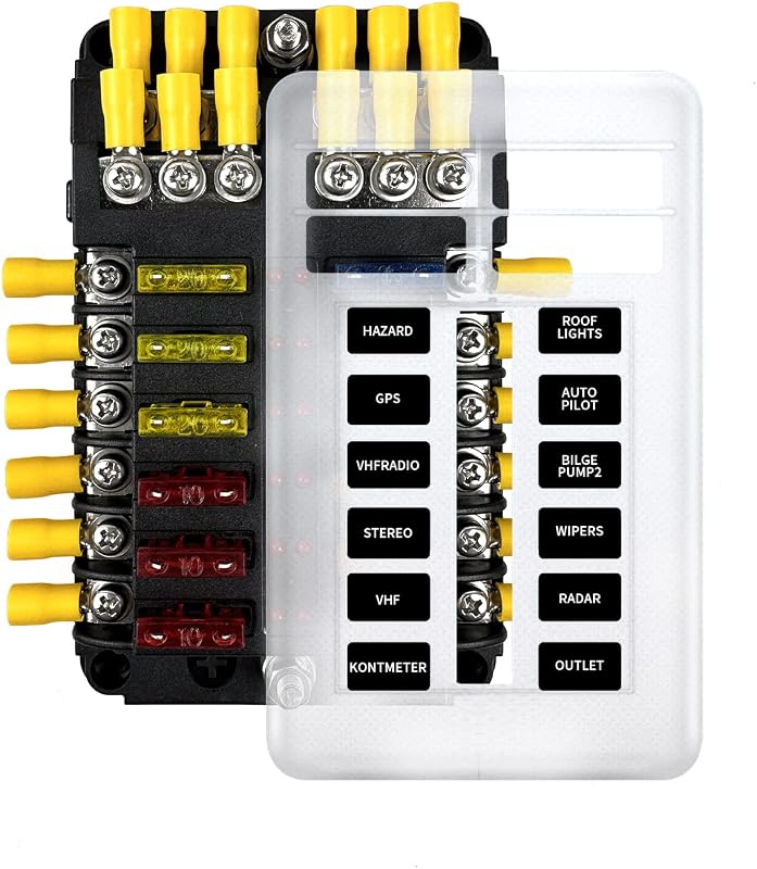 Caixa de fusíveis automotiva FXC 12 vias ATC/ATO com indicador LED e barramento negativo – Kit com fusíveis e terminais