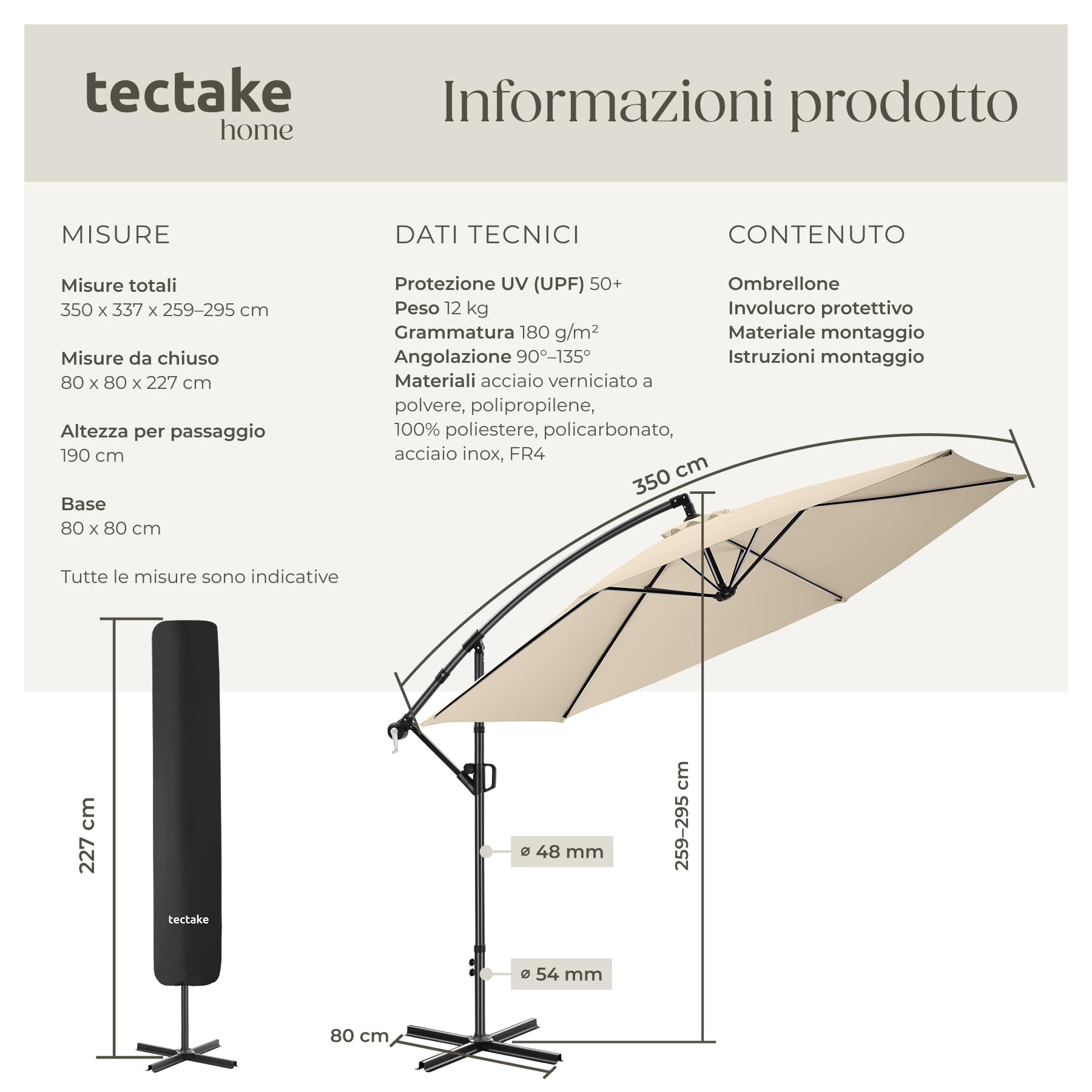 tectake Ombrellone da Giardino 3,5x3,5 m Braccio Girevole 360° Protezione UV 50+ Idrorepellente Inclinabile Base Acciaio