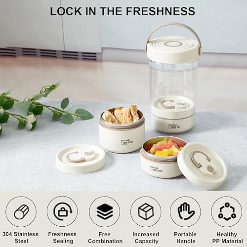 Miniatura 5 de Lille Home Lonchera térmica Bento de acero inoxidable, juego de 3, recipientes de alimentos aislados portátiles a prueba de fugas con bolsa, 50