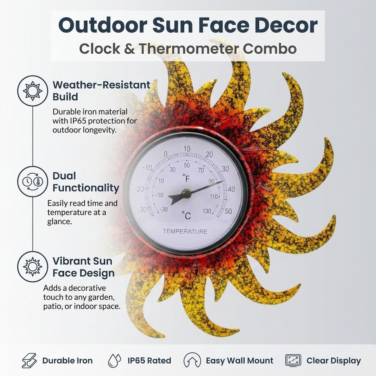 KESOTO Termometro da esterno decorativo in ferro, diametro 38 cm, ornamento decorativo da esterno a forma di girasole, termometro da parete per balcone e, a