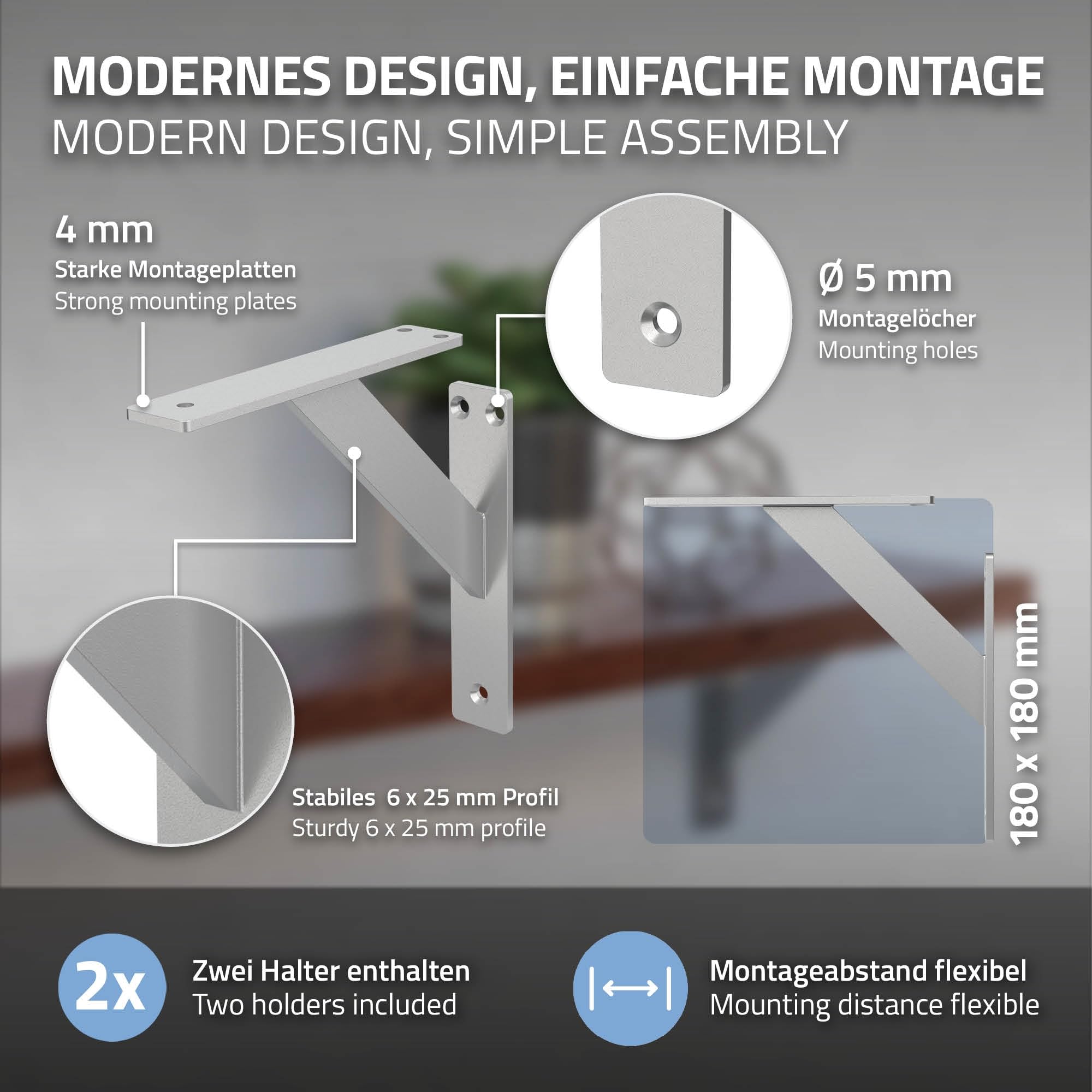 ML-Design 4 Pièces Support d'Étagère, 180 x 180 mm, Argent, en Aluminium, Robuste, Style Industriel, Support Mural pour Étagère Console Murale Projets de Bricolage, Matériel de Montage Inclus