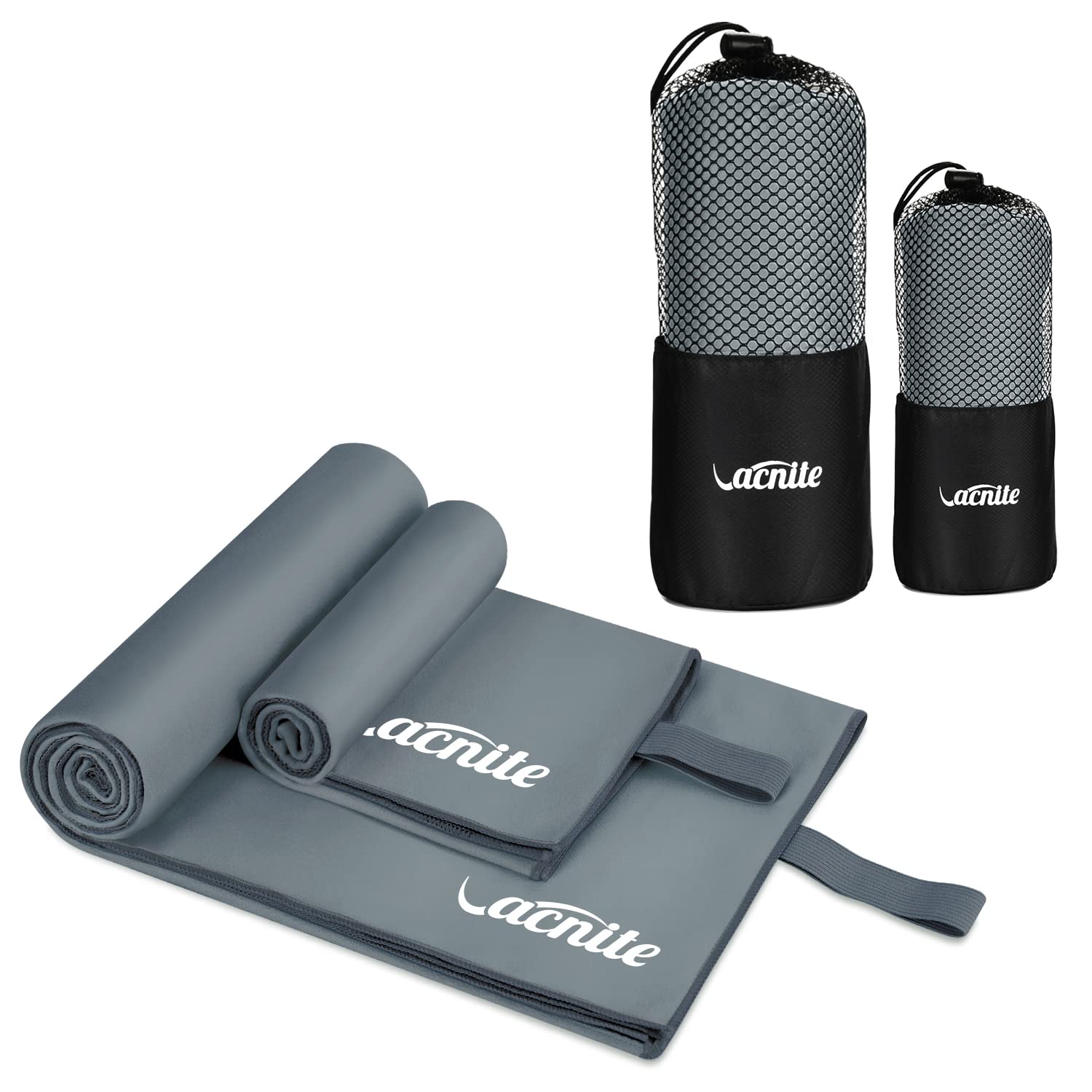 VACNITE Microfiber Towel Set 3 Pieces, Microfiber Gym Towel and Compact, Quick Dry and Absorbent Towel for Sports, Beach, DarkGray