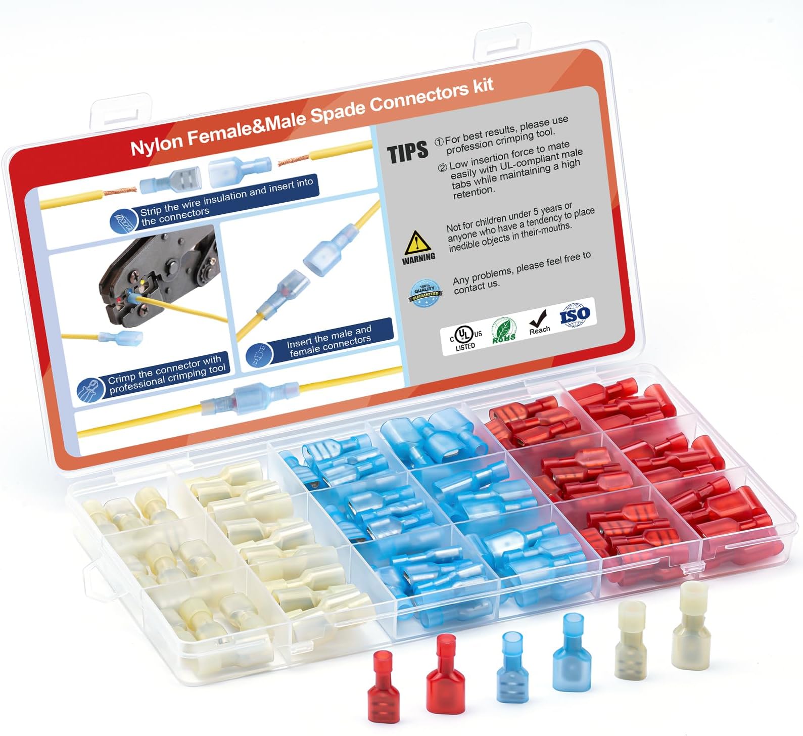 AIRIC 1/4" Quick Wire Disconnect Kit 100pcs 22-10 Gauge Nylon Fully Insulated Male and Female 6.3 mm Quick Spade Disconnectors