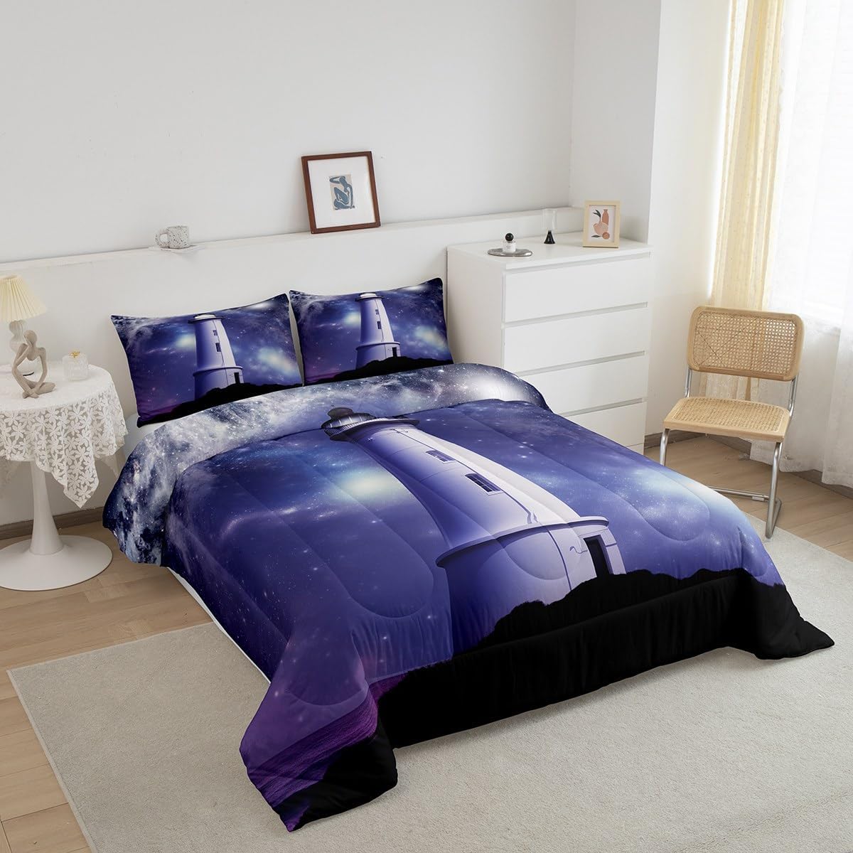 Erosebridal Coastal Bedding Set Queen, Nautical Lighthouse Comforter Set Ocean Decor, Purple Galaxy Universe Quilt Set for Boys Teens, White 3D Lighthouse Soft Microfiber Quilted Duvet, Purple Black