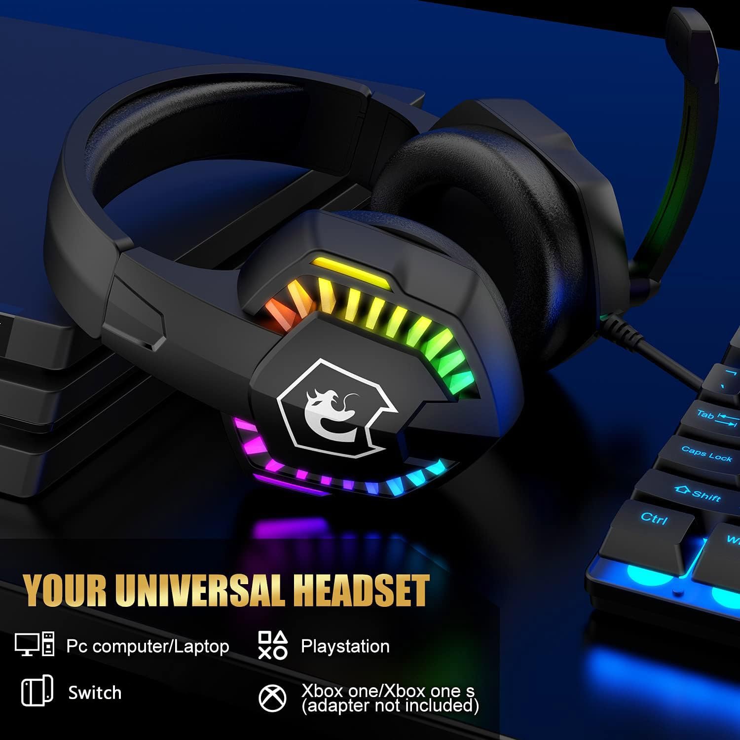 Diseño del Reino Unido Cableado 104 Teclas Teclado para Juegos Ratón Auriculares Altavoz Combo 5 en 1 con retroiluminación RGB múltiple Ratones de 2400 PPP Alfombrilla de ratón Grande para