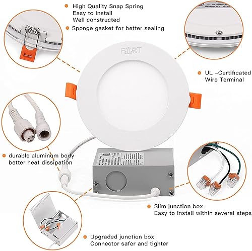 Miniatura 3 de FORT Lámpara de techo empotrable LED de 6 pulgadas con caja de conexiones, paquete de 12, luz diurna de 5000 K, 15 W Eqv 140 W, 1350 lm regulable,