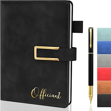 Wedding Officiant Book with Pen, 200 Pages A5 Lined Leather Wedding Journal Notebook, Pastor Ministers Sermon Officiant Gifts for Wedding Day Ceremony Proposal- Black