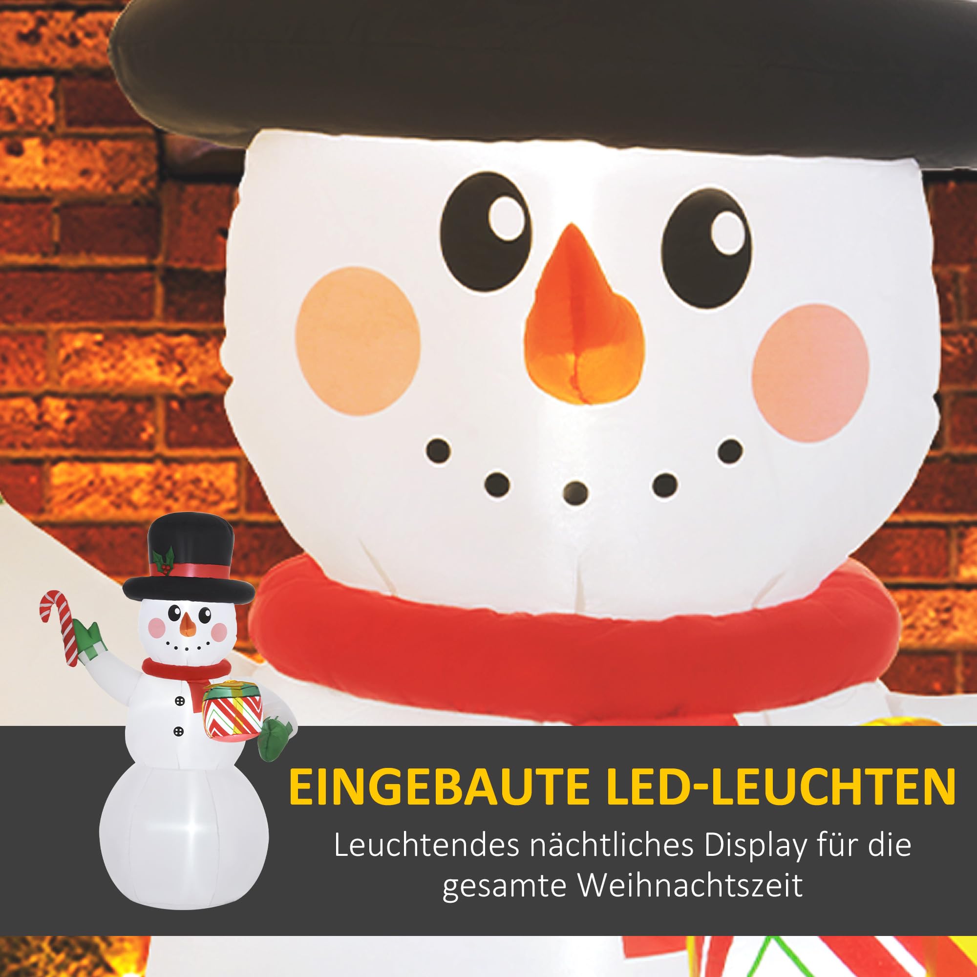 Outsunny Aufblasbarer Schneemann mit Zuckerstange 180 cm mit LED-Leuchte | Geschenkbox, Aufblasbare Weihnachtsdeko, Gebläse, Weihnachtsfigur, Outdoor, Garten, Party