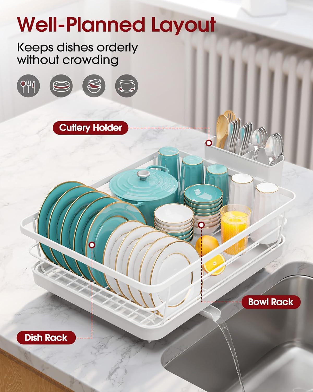 stainless steel dish drying rack for kitchen counter, sink organization and storage essentials with silverware & utensil holder, home and apartment decor, 12''w x 15.5''l, white white standard - 12"w x 15.5"l