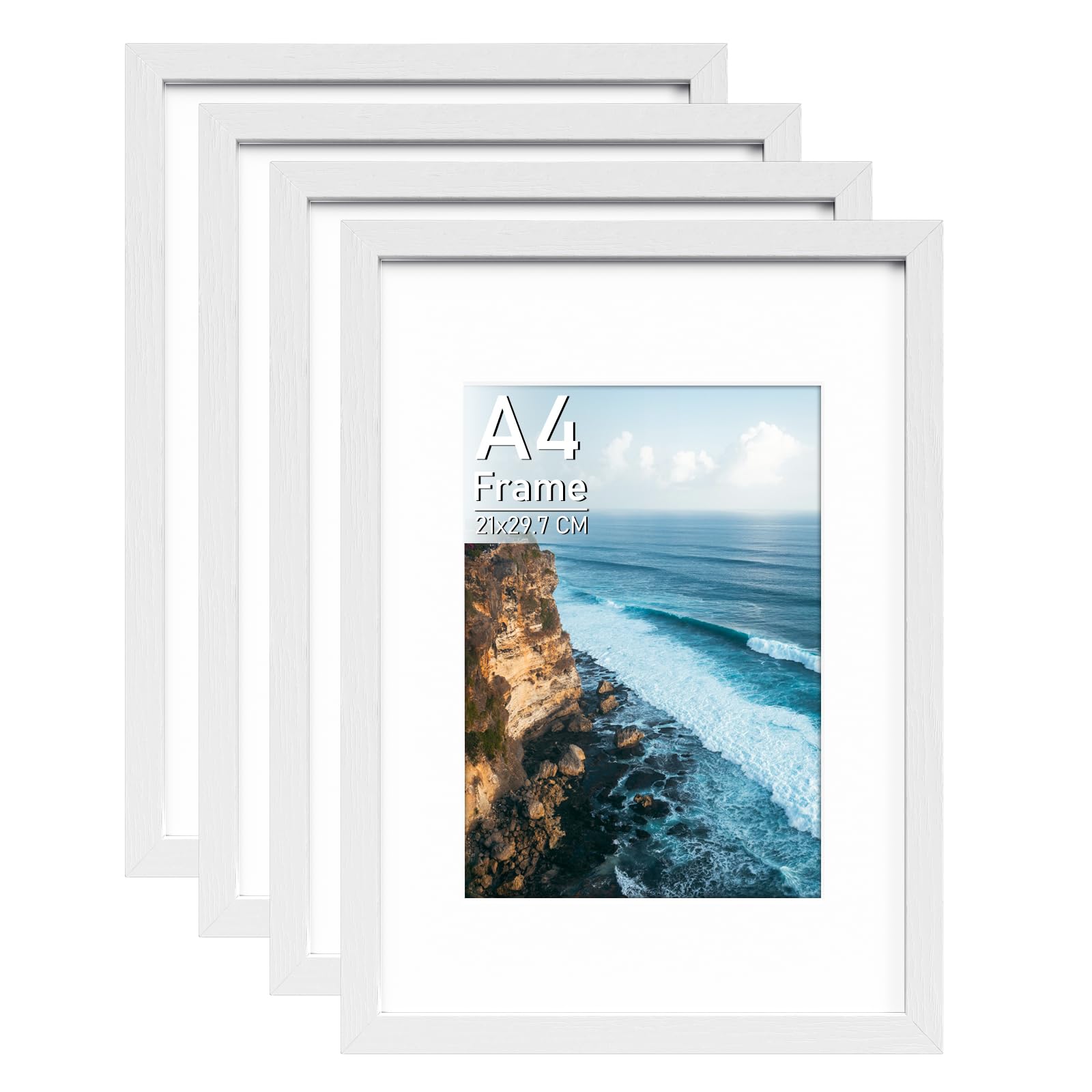 Histarzeda 4 Pack Wooden A4 Frame, White Frame A4 with Perspex Glass, A4 Photo Frame for Collage Photo Wall, Desktop & Wall Horizontal Vertical Decoration in Home (White)