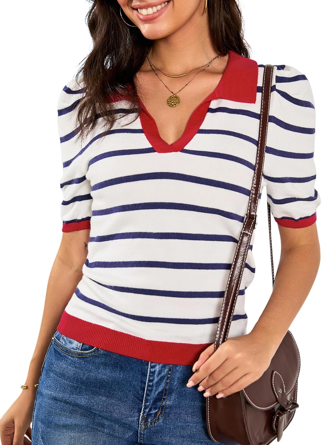 Dokotoo Womens Fashion Cute Tops Short Sleeve Sweaters Summer V Neck Blouses Striped Pullover Collared Shirts Dokotoo Womens Fashion Cute Tops Short Sleeve Sweaters Summer V Neck Blouses Striped Pullover Collared Shirts