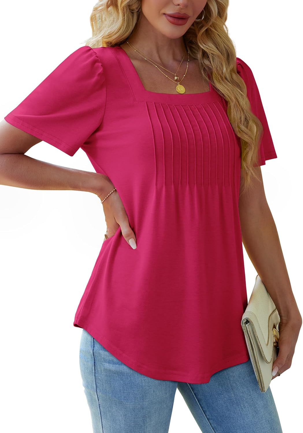 OFEEFAN T Shirts for Women Pleated Square Neck Dressy Casual Blouses Puff Short Sleeve Summer Tops Loose Fit - Image 4