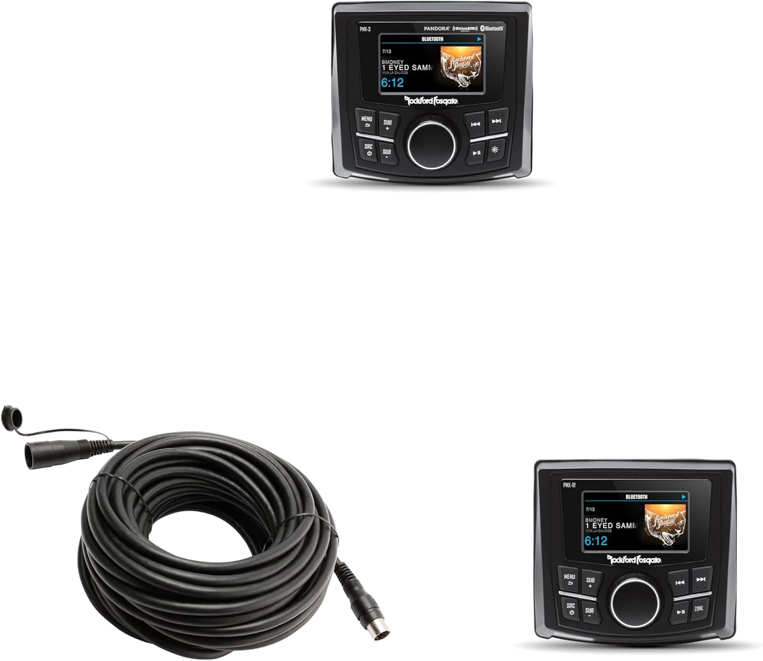 Rockford Fosgate PMX-3 2.7” Wet Bonded IPX6 Color Marine Media Receiver with PMX-1R 2.7” Wet Bonded Ipx6 Color Wired Remote and PMX50C 50 Ft Extension Cable