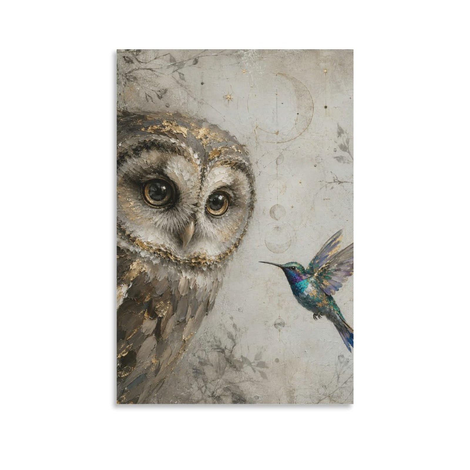 H3B8U2Y5 Owl And Hummingbird Canvas Wall Art, Ornamental Animal Artwork