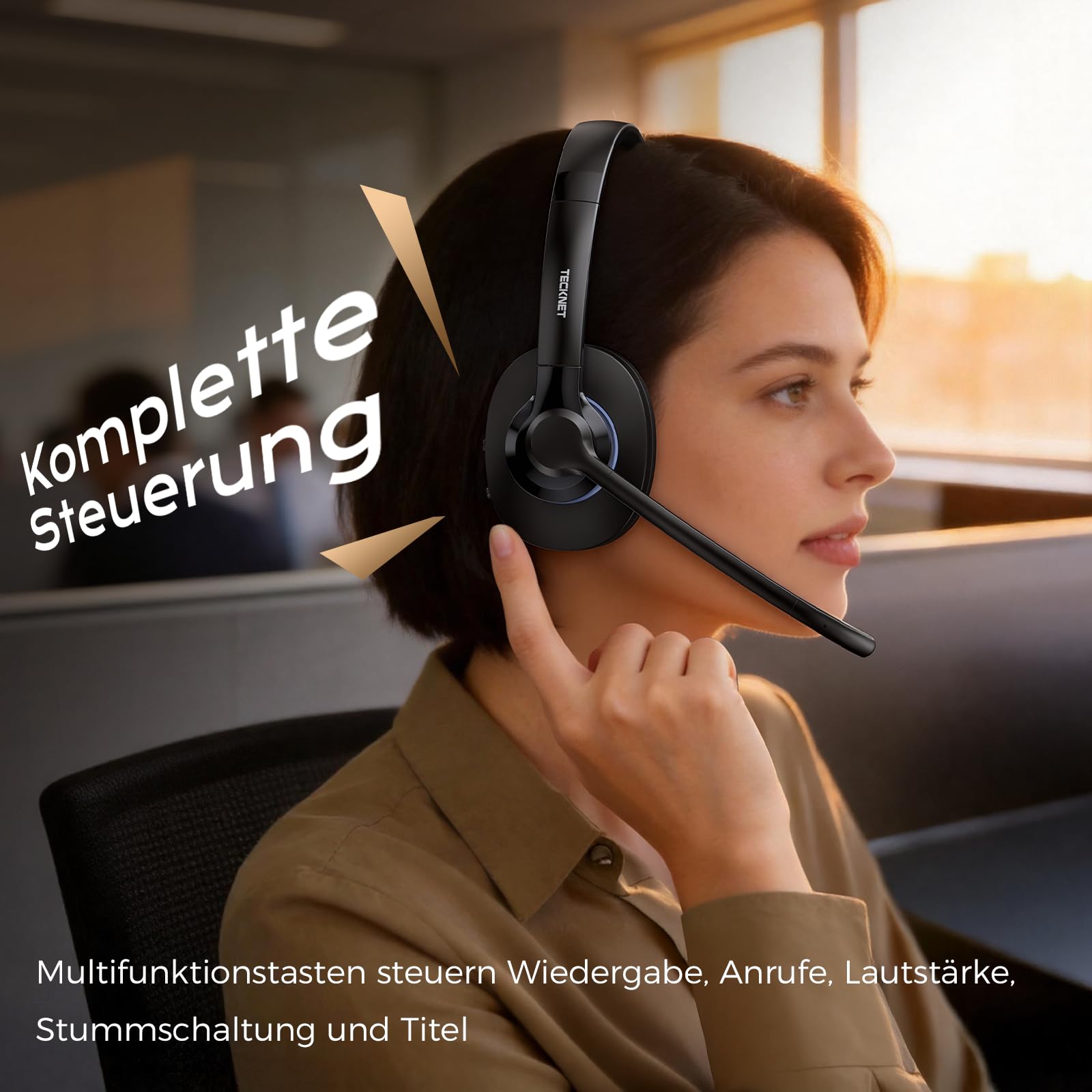 TECKNET V6.0 Bluetooth Headset mit Mikrofon,Wireless Headset mit AI Noise Cancelling Bluetooth Kabellos Kopfhörer PC On Ear mit USB-C Empfänger Büro/Trucker/Callcenter - 50+ Std. Akku