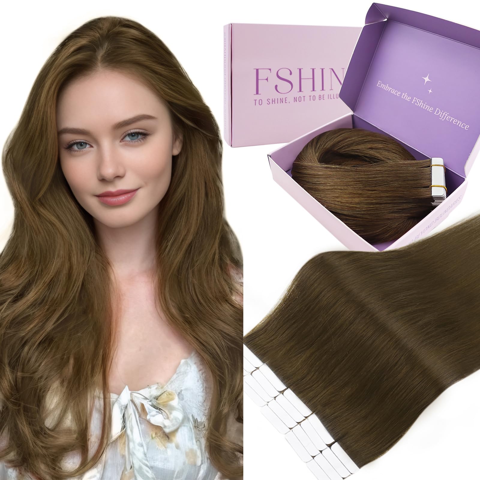 Fshine Extensiones Adhesivas Pelo Natural 20 Pulgadas 50g Cabello Humano Marrón Claro Balayage Rubio Y Marrón Claro Cinta 20Pcs Liso Color 6 60 6 — view 41