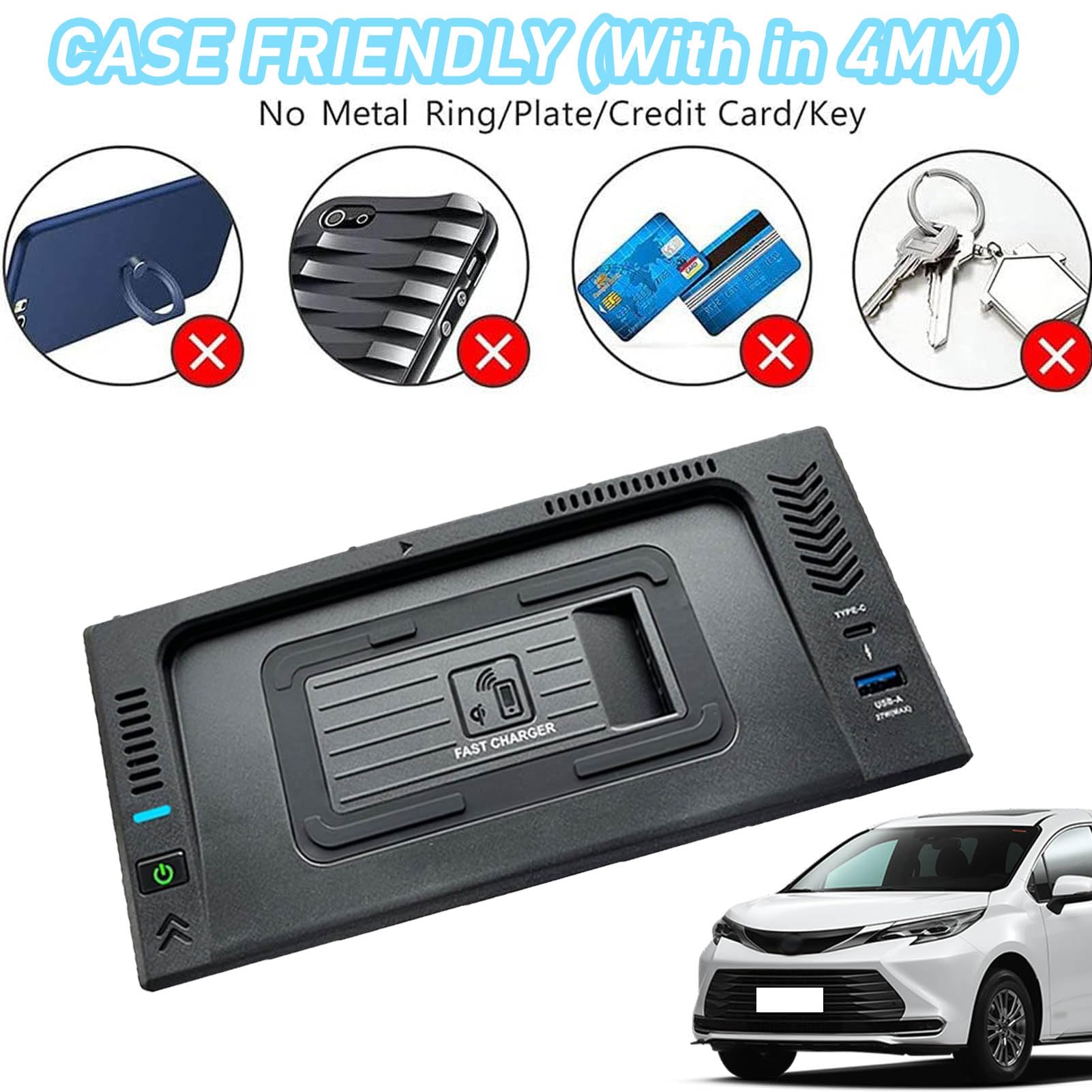 Caricabatterie Wireless per Auto per Sienna Tutti i Modelli Accessorio con 15 W Wireless e 27 W USB Qc3.0 + Type-C Ricarica Rapida Regalo per la Famiglia