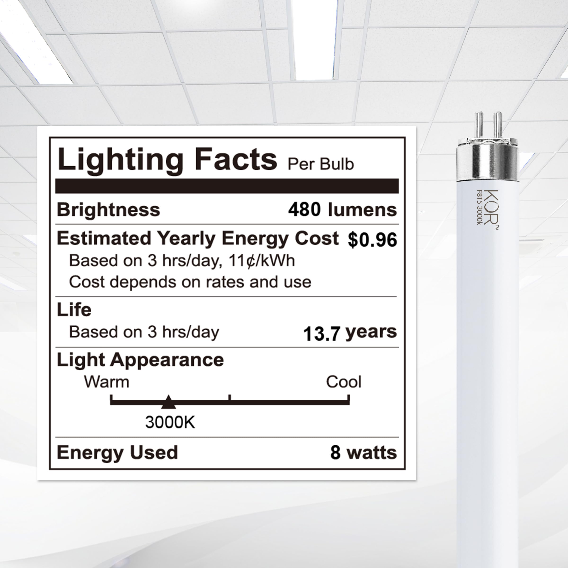KOR (Pack of 6) F8T5/WW - T5 Fluorescent 3000K Warm White - 8 Watt