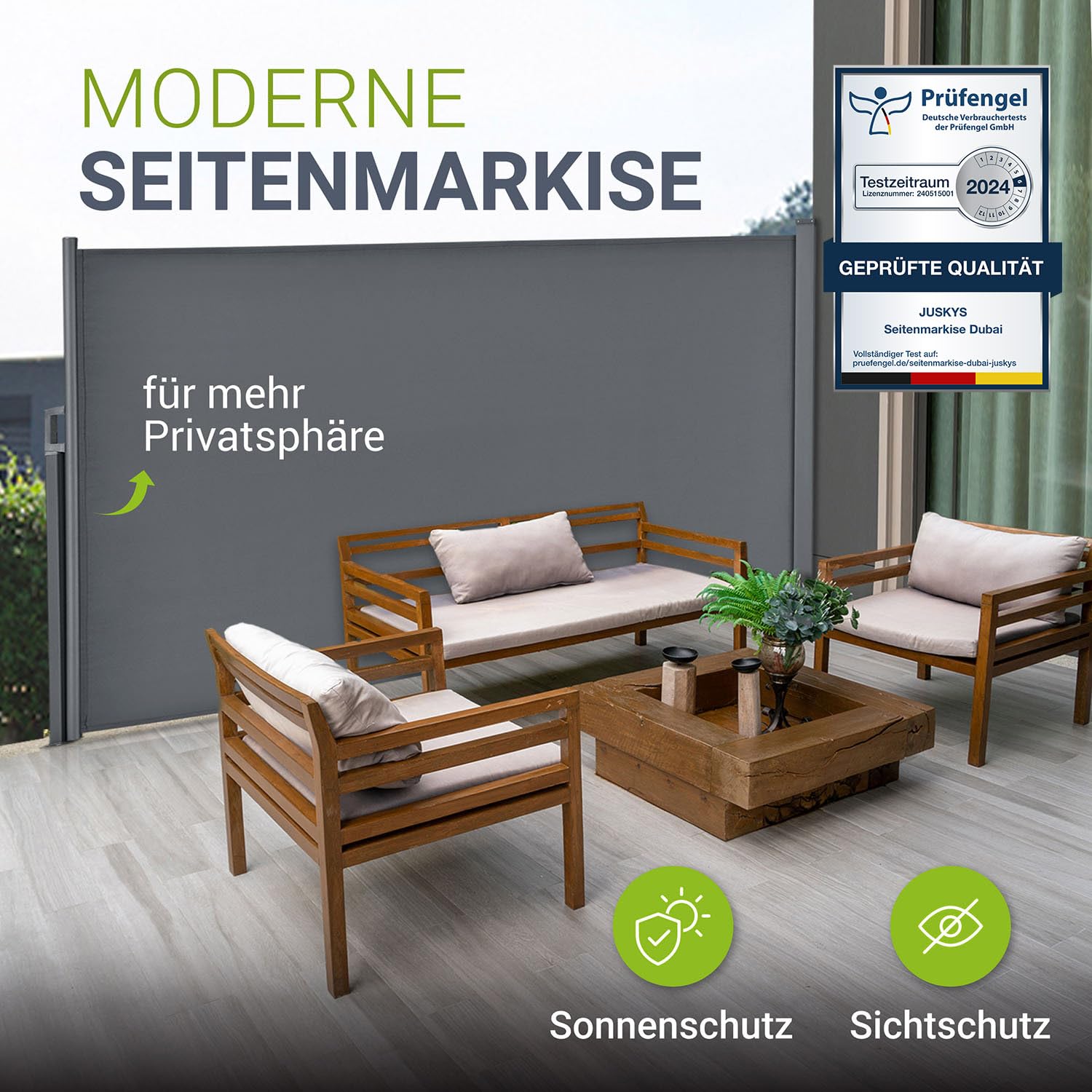 Juskys® Seitenmarkise Dubai 180 x 300 cm ausziehbar Blickdicht, Sichtschutz für Balkon & Terrasse, Seitenrollo mit Wandhalterung - grau