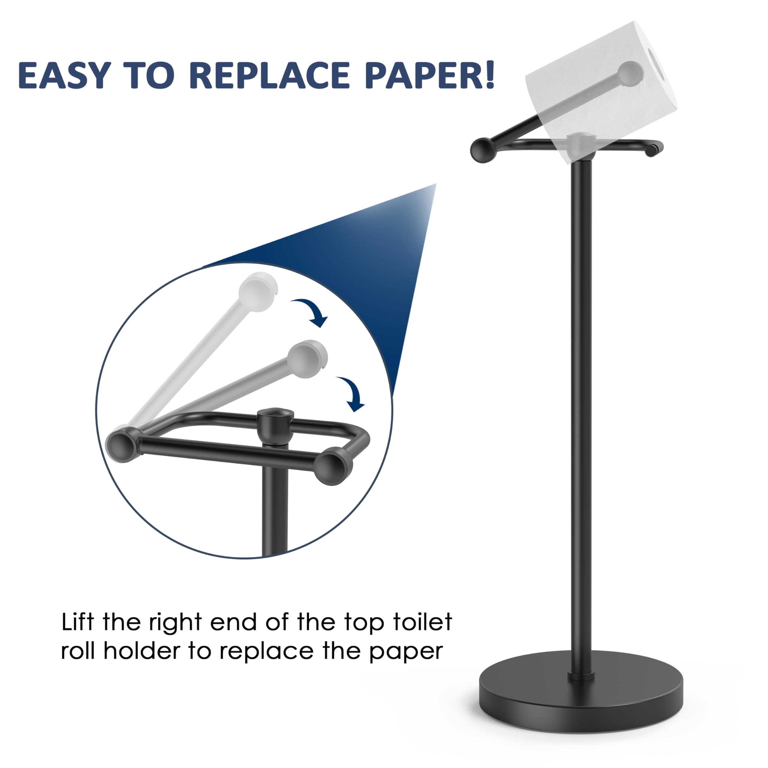 WZRUA Toilet Roll Holder Free Standing, Toilet Roll Stand with Post Pivoting Design - Image 2