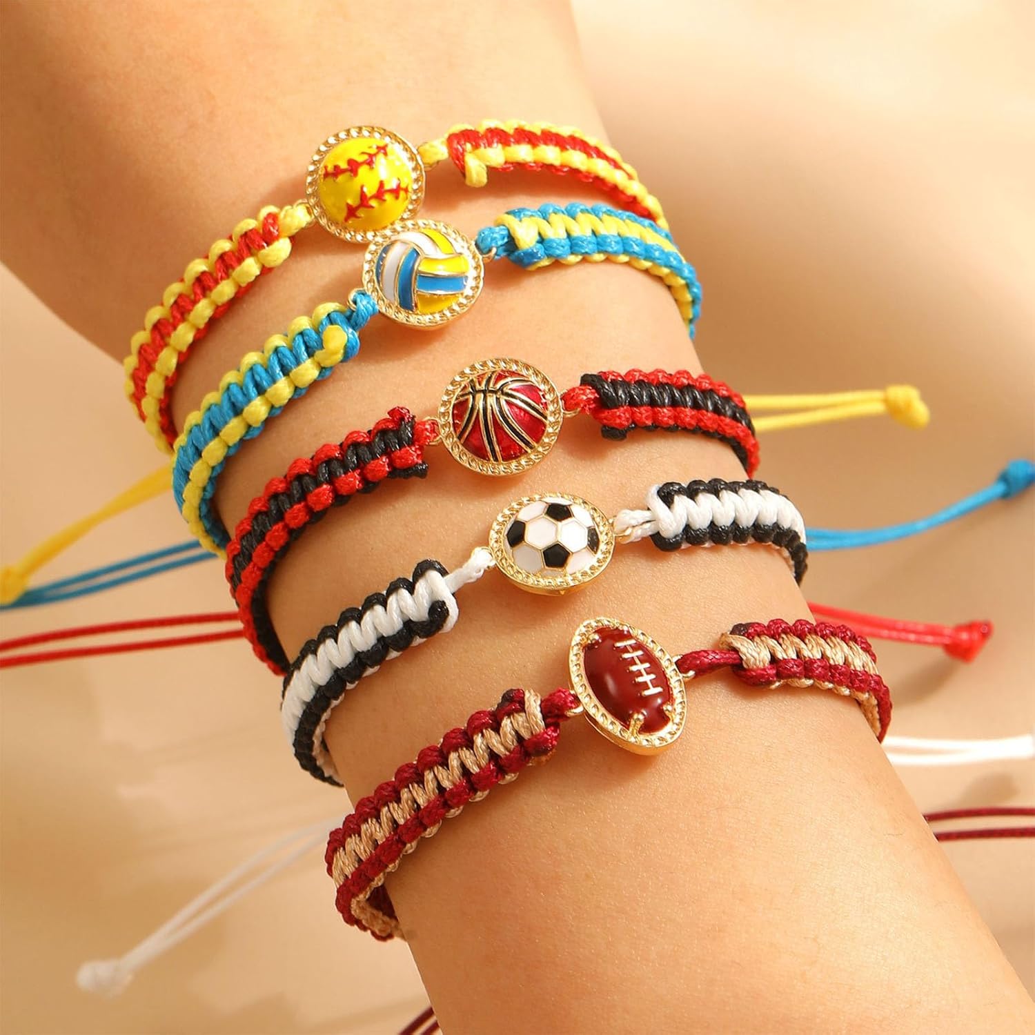 5Pcs Sports Ball Braided Bracelet Set for Women Adjustable Soccer Football Basketball Volleyball Baseball Bracelets Game Day Jewelry for Sports Fans