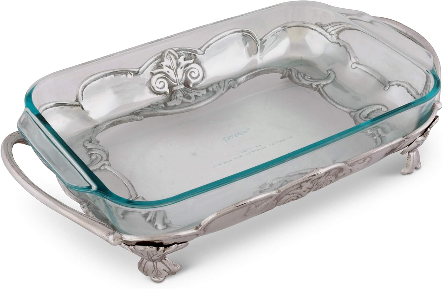 Arthur Court Metal Pyrex Glass Casserole Dish Holder Fleur-De-Lis Pattern Sand Casted in Aluminum with Artisan Quality Hand Polished Design Tarnish-Free 17 inch Long 3 Qt Removable Dish Included