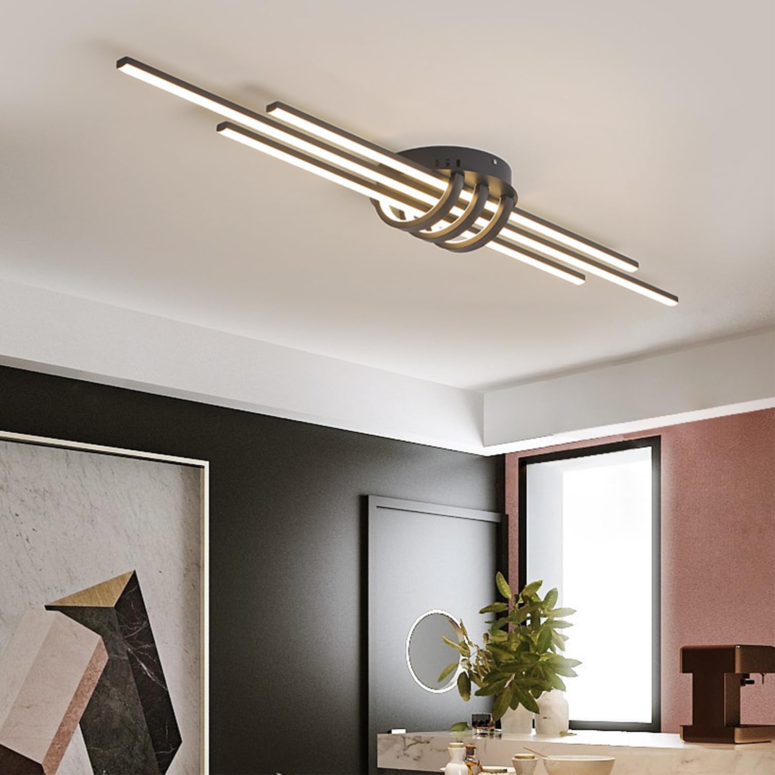 Modern LED Ceiling Light Dimmable Bedroom Ceiling Lamp with Remote Control Dining Room Hanging Lamp Creative Design Dining Table Lighting, for Kitchen Hallway Office Ceilings Lights (Black, L110cm)