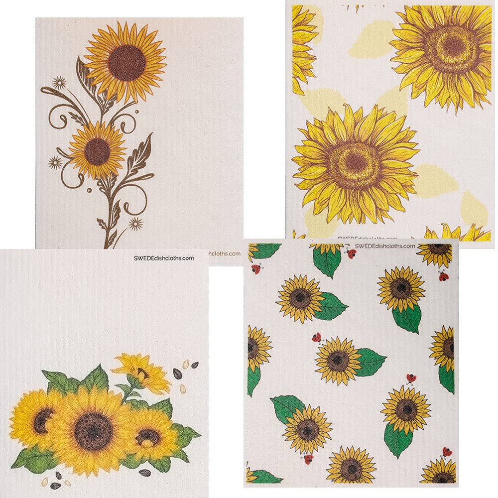 SWEDEdishcloths - Cellulose Sponge Dish Towels - Mixed Set of 4 (One of Each Design) Mixed Sunflowers Swedish Dish Cloths