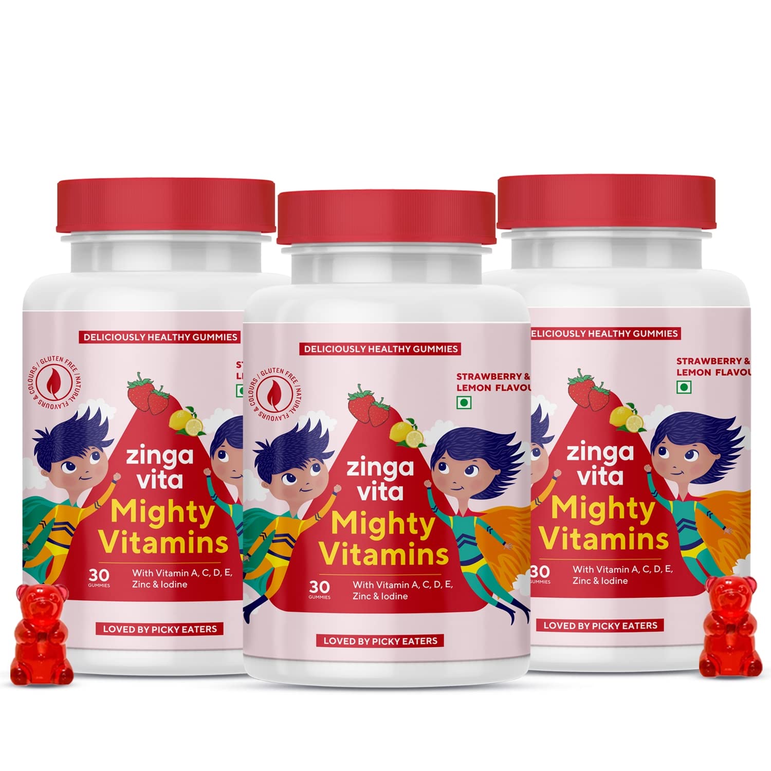 Zingavita Multivitamin Gummies for Kids, With 11 Essential Vitamins & Minerals for Healthy Growth, Cognitive Development & Complete Nutrition, Strawberry & Lemon Flavour, 90 Gummy Bears