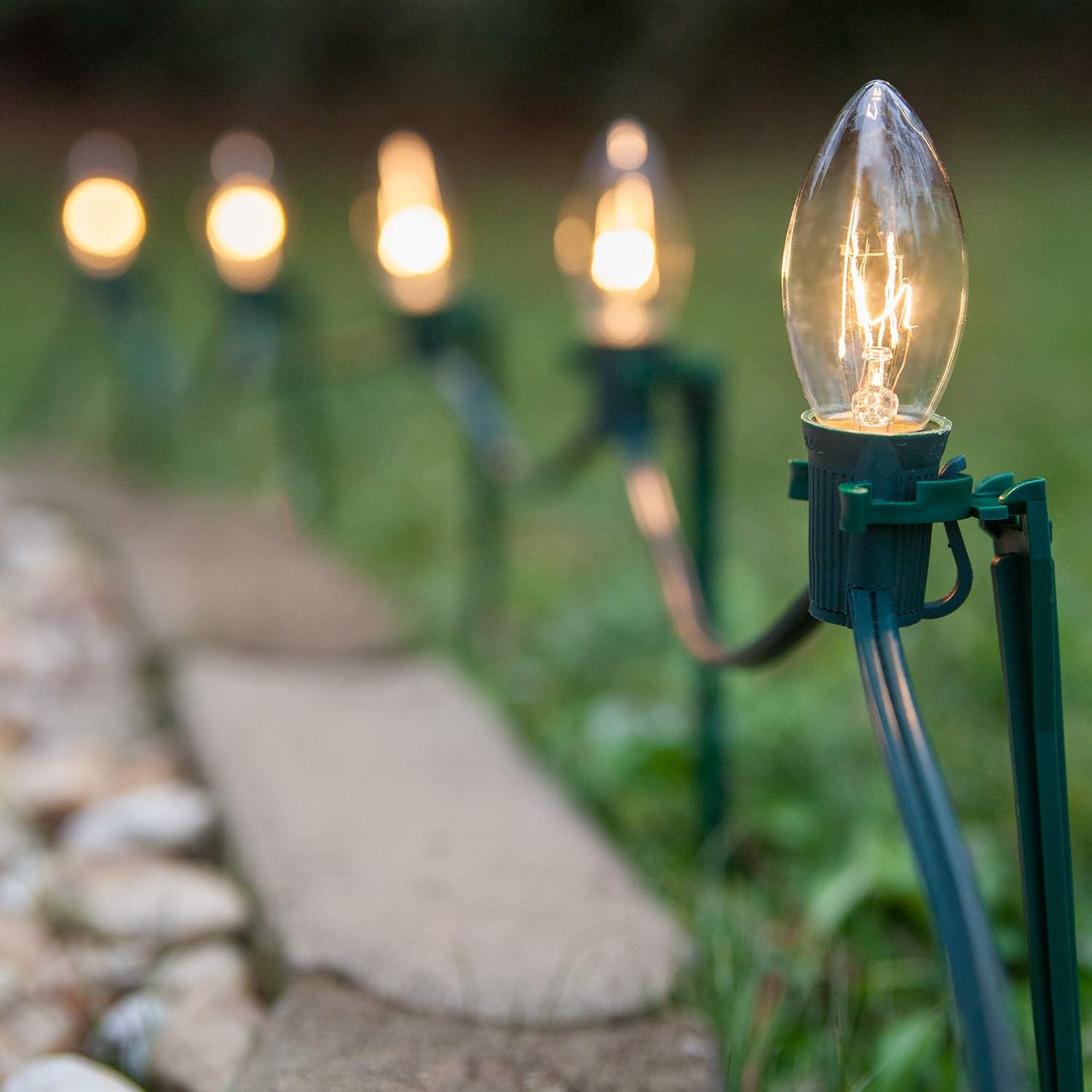 Wintergreen Lighting C9/E17 Light Stringer, 12' Socket Spacing, Outdoor String Light Patio Stringer, Fits C9/E17 Size Incandescent or LED Bulbs (50 ft / 50 Sockets, Green Wire)