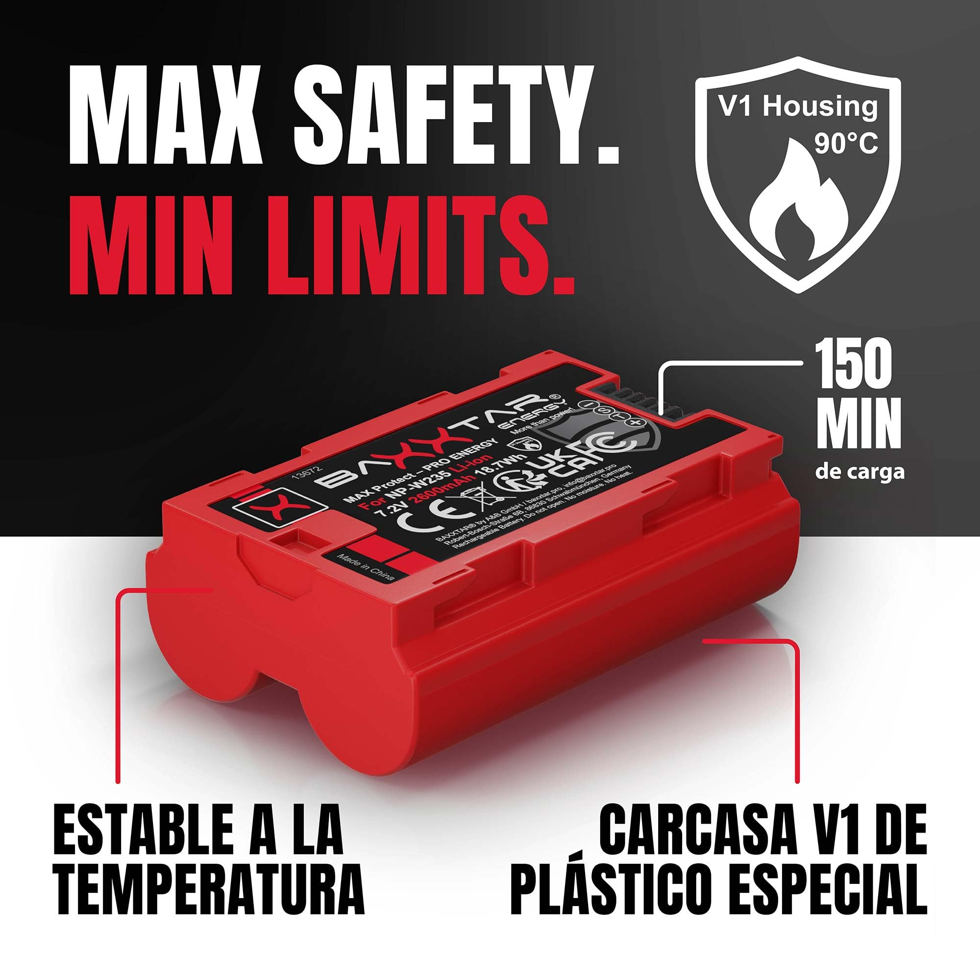 Baxxtar MaxProtect 2X Batería para Fujifilm NP-W235 W235, 2600mAh 7.2V