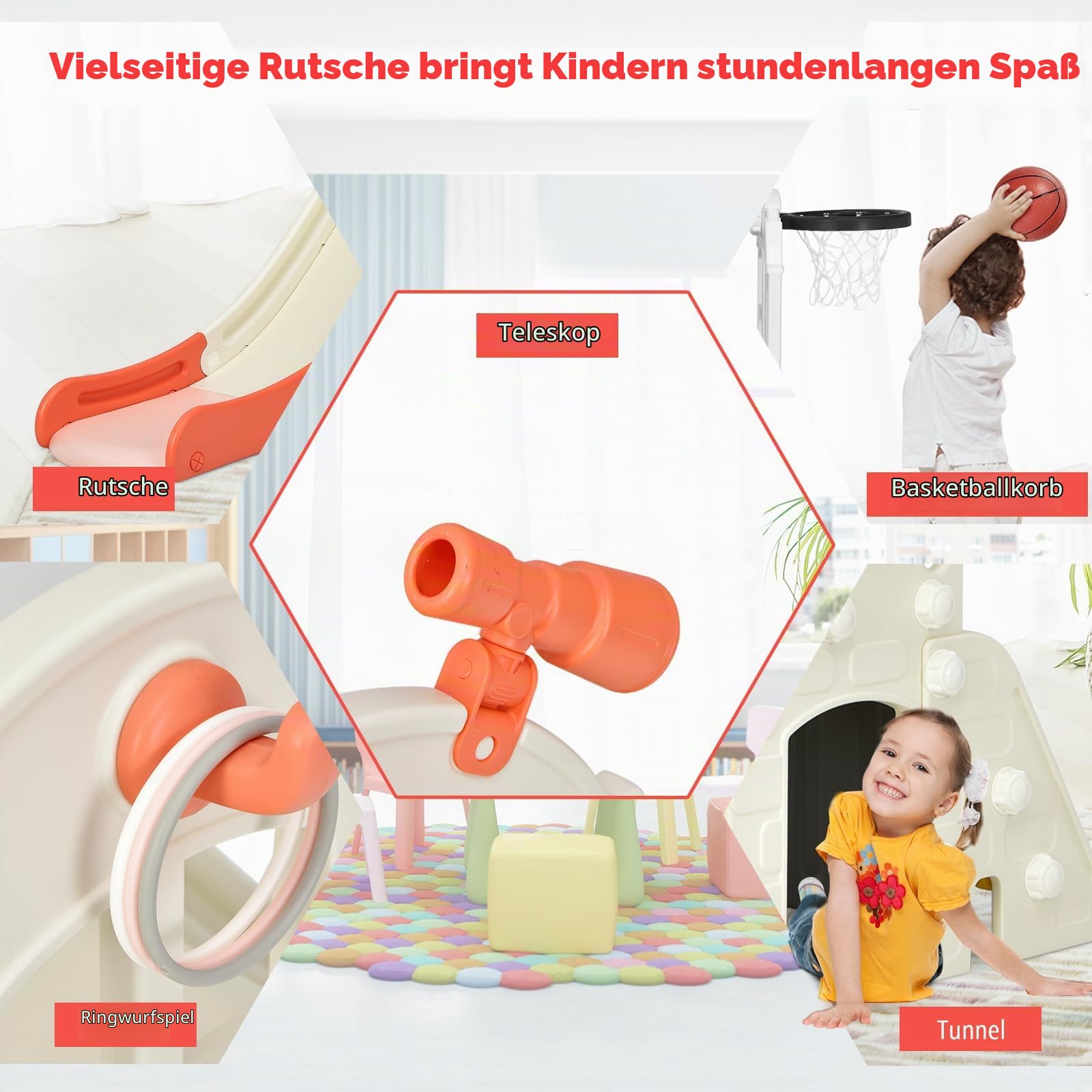 HOMASIS 6 in 1 Kinderrutsche Indoor & Outdoor, Kinder Rutsche mit Basketballkorb, Kletterleiter, Ringwurf, Tunnel, Teleskop, Babyrutsche Spielplatz Gartenrutsche für Kinder ab 3 Jahren (Rosa)