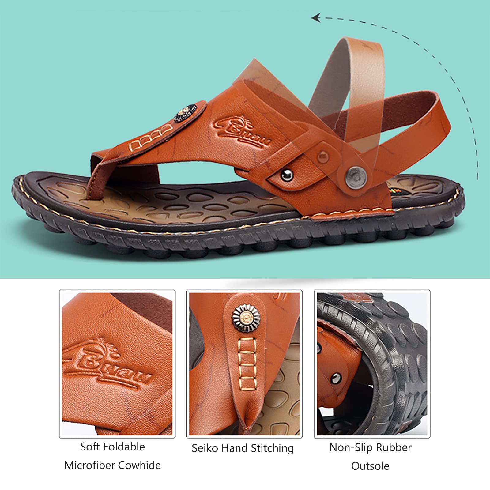 Chanclas Hombre Cuero Sandalias Verano Antideslizante Piscina Playa Flip Flops(Size:43 EU,Color:Marron Oscuro)