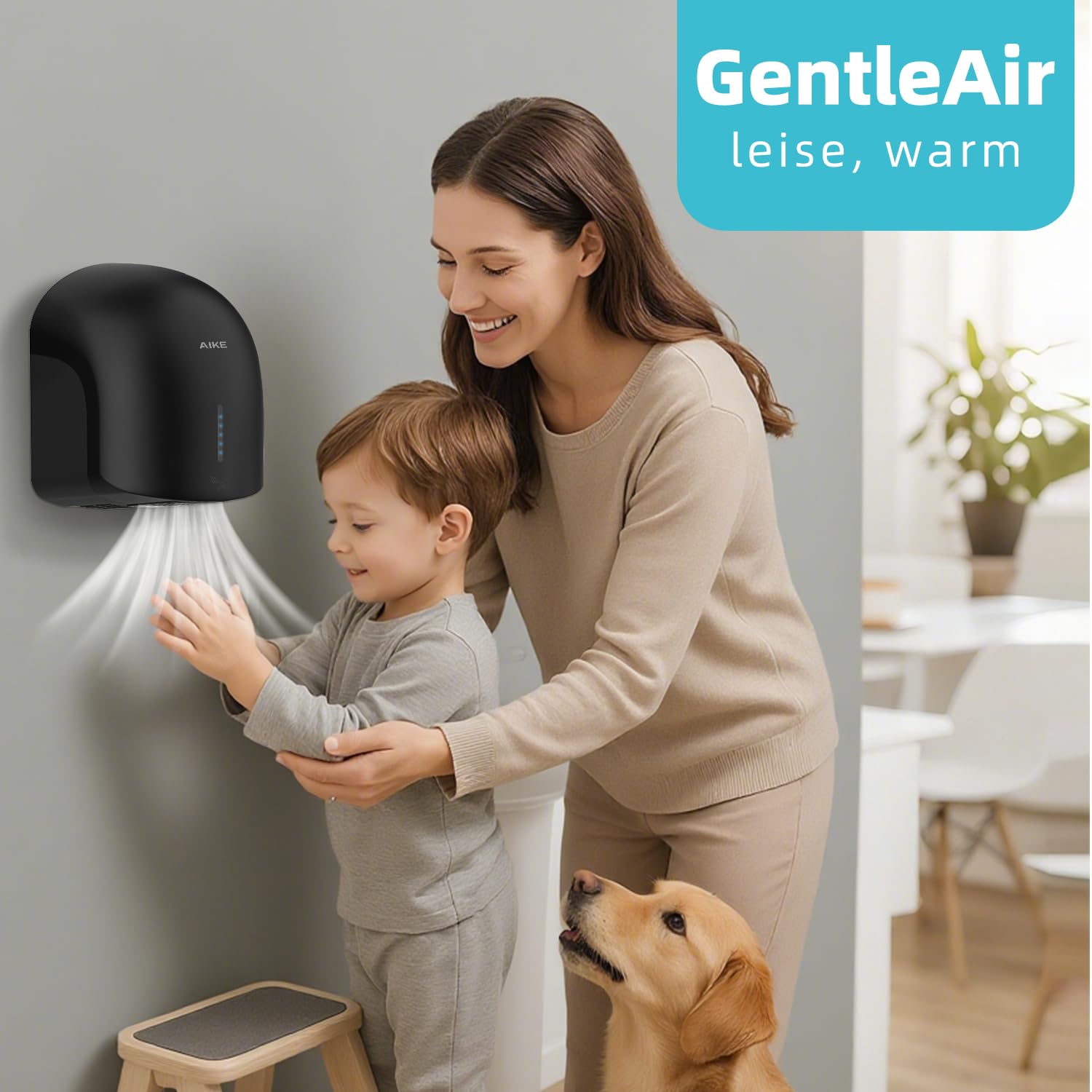 AIKE GentleAir Warmluft Handtrockner, Leise für Zuhause & Bäder, AC220V-240V, Mitternacht Schwarz