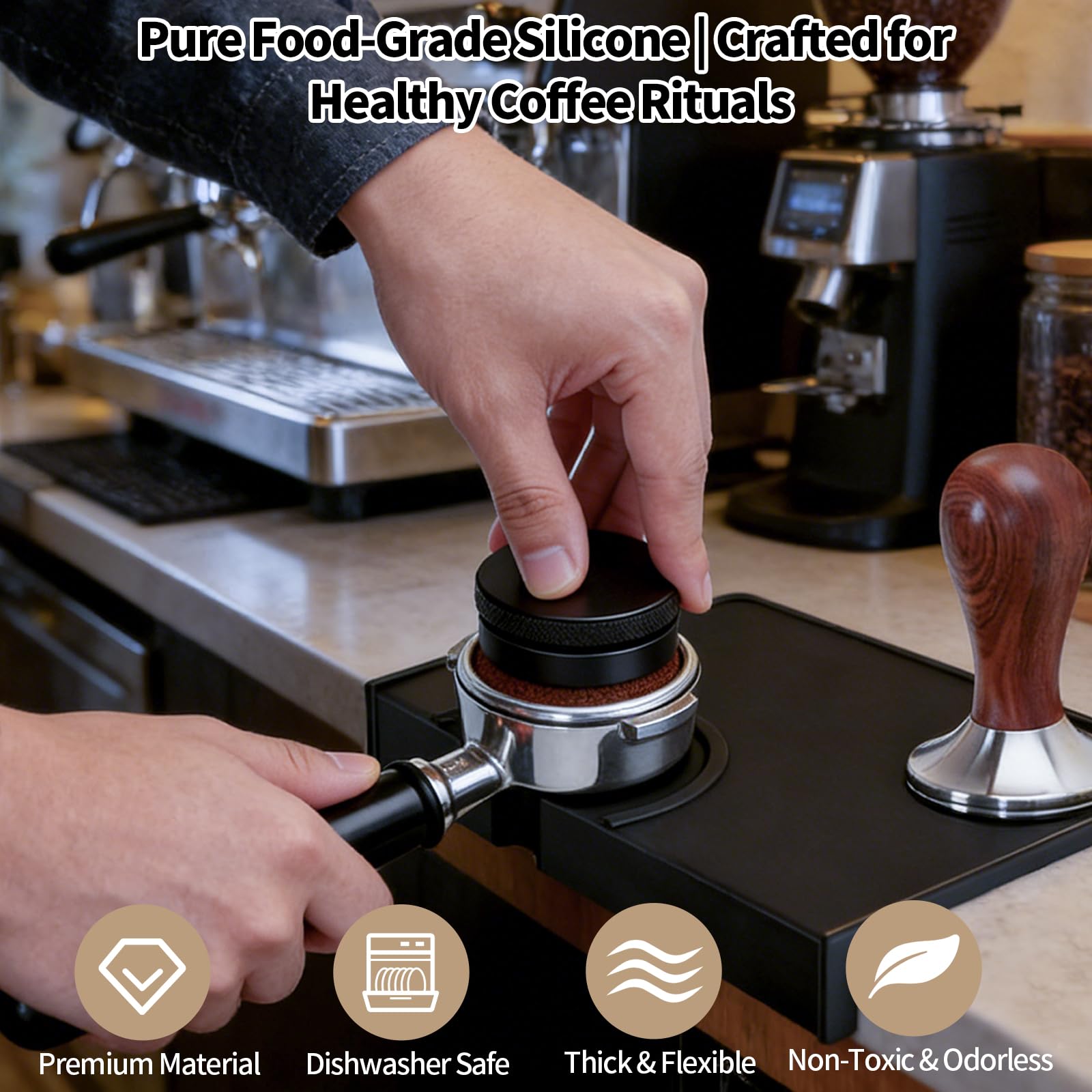 KATIMI Tappetino in silicone per caffè espresso con spazzola, antiscivolo con protezione dei bordi, tappetino in silicone, impermeabile e resistente al calore, accessorio per portafiltro e macchina da