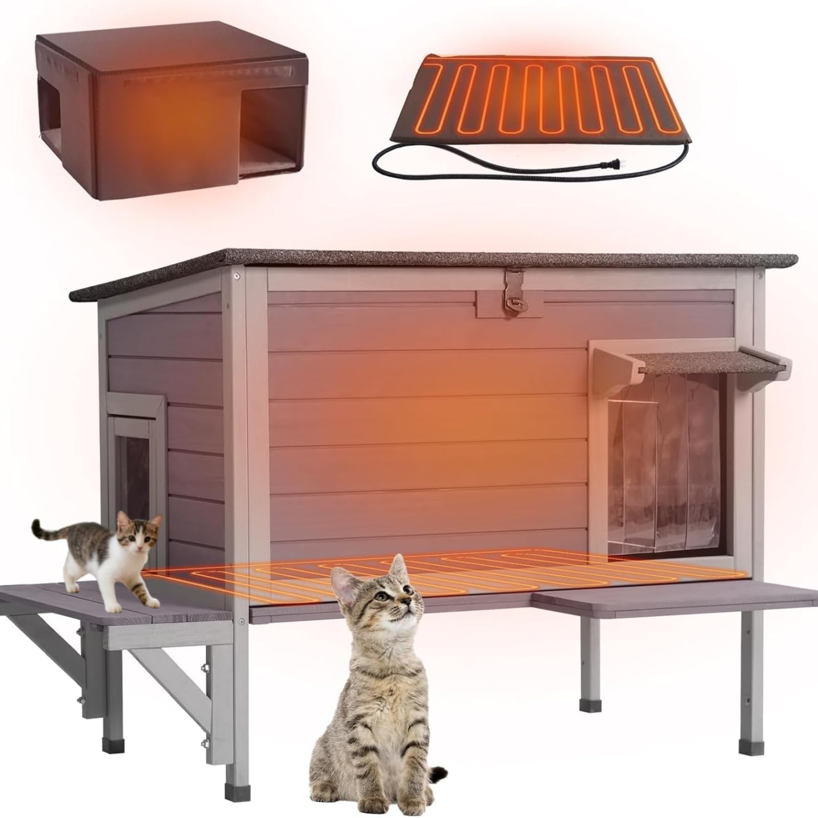 Heated Cat House with Heating Pad Insulated Liner, Large Heated Feral Cats Shelter, Weatherproof Cat Condos for Outdoor Indoor Cats