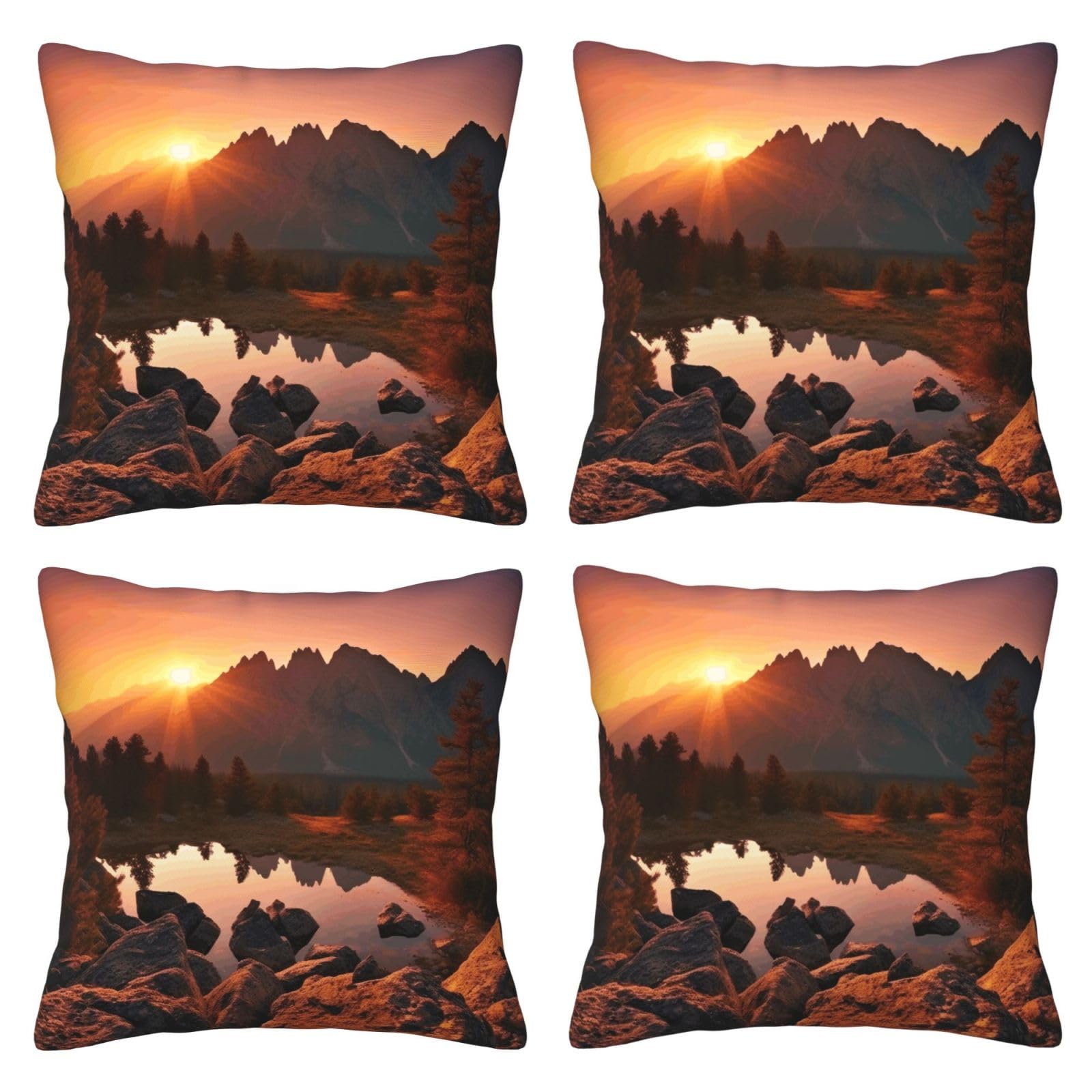Mountain view at sunrise Throw Pillow Cases 4 Pack Square Pillowcases Super Soft Pillow Protectors With Zipper for Couch Livingroom Sofa Bed Office Car,40x40 CM